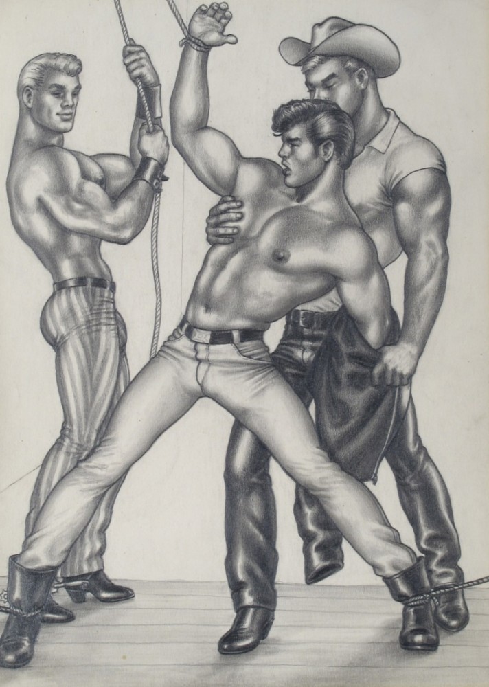 1950s 1958 20th_century 3boys 50s being_undressed black_and_white boots bound_ankles bound_wrists boy_rape bulge cowboy cowboy_hat dubious_consent forced gay grayscale greyscale hunk jeans leather leather_boots leather_jacket male male_nipples male_only monochrome multiple_boys muscular muscular_male part_of_a_set questionable_consent restrained rope spurs straight_hair tom_of_finland topless undressing yaoi