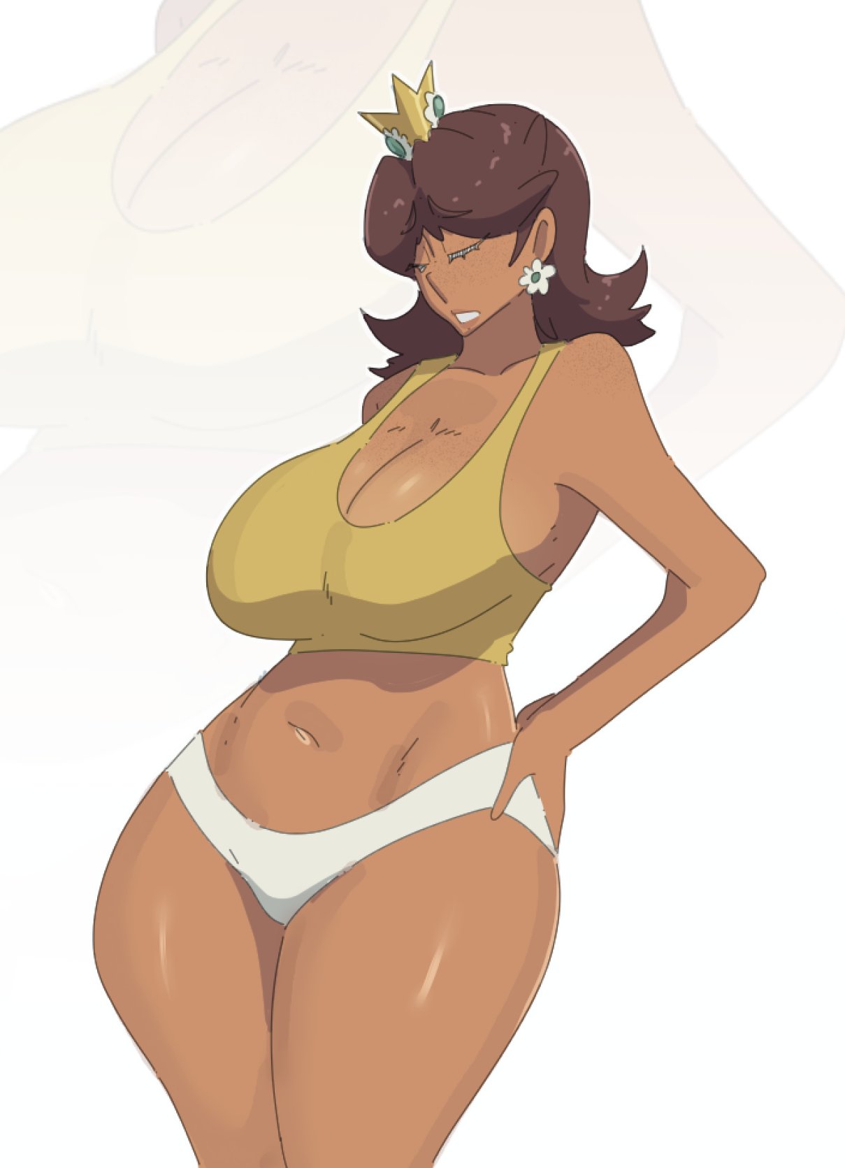 1girls, breasts, brown hair, cleavage, closed eyes, crown, earrings, female, flower earrings, freckles, freckles on face, hand on hip, hand on own hip, large breasts, leedraw11, mario (series), navel, nintendo, panties, princess daisy, shiny skin, short hair, solo, solo female, solo focus, thick thighs, thighs, underwear, white panties, white underwear