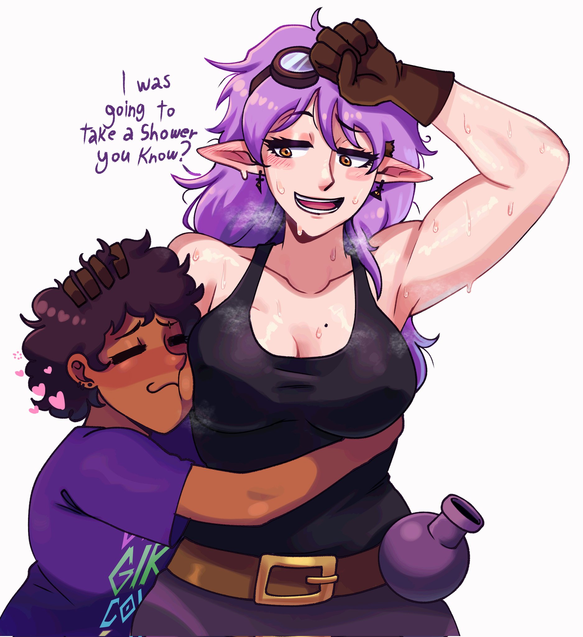 :3, 2girls, aged up, amity blight, bare shoulders, big breasts, black vest, blush, blush lines, breasts, brown hair, busty, canon couple, chocolate and vanilla, cleavage, clothed, clothed female, curvaceous, curvy, curvy female, curvy figure, dark skin, dark-skinned female, dialogue, disney, disney+, duo, duo focus, earrings, english text, female, female focus, female only, female/female, girlfriends, goggles, goggles on head, heart, hearts around head, hi res, high resolution, highres, hugging, human, humanoid, interracial, interspecies, jontainaka, lesbian, light skin, light-skinned female, long ears, long hair, luz noceda, pointy ears, purple hair, sensual, short hair, simple background, sweat, sweating, sweaty, sweaty body, sweaty breasts, tagme, tank top, text, the owl house, the owl house (finale), vest, voluptuous, voluptuous female, white background, wholesome, yuri