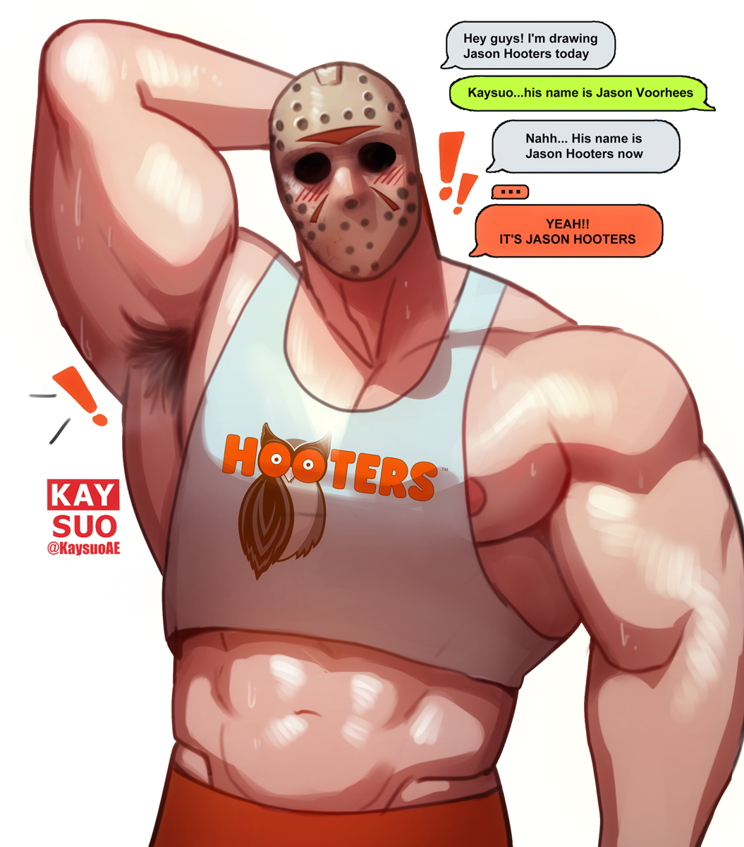 1boy, abs, armpit, armpit hair, bara, biceps, big pecs, booty shorts, crop top, friday the 13th, gay, hairy armpits, hand behind head, himbo, himbo hooters, hooters, hooters uniform, jason voorhees, kaysuo, male, male focus, male only, mask, masked, masked male, meme, meme attire, meme reference, message, muscular, muscular male, musk, nipples, pecs, solo, solo focus, solo male, sweat, sweating, sweaty body, sweaty skin, text, yaoi