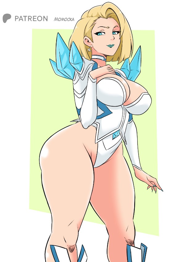 1girls, ass, big ass, big breasts, blonde eyebrows, blonde female, blonde hair, blue eyes, blue lipstick, blue nails, bob cut, boots, breasts, choker, cleavage, closed mouth, closed mouth smile, clothing, earrings, emma frost, emma frost (marvel rivals), eyebrows, eyelashes, female, female focus, female only, front view, hair behind ear, hand on chest, hands on breasts, huge breasts, knee boots, knees, legs, legs apart, leotard, light skin, light-skinned female, long nails, looking aside, low res, lowres, marvel, marvel comics, marvel rivals, mature, mature female, medium hair, milf, momocka art, neckwear, no bra, pointy nails, side view, skin tight, smile, smiling, solo, solo female, solo focus, standing, thick legs, thick thighs, thighs, thin waist, viewed from front, viewed from side, white choker, white clothing, white leotard, wide hips, x-men