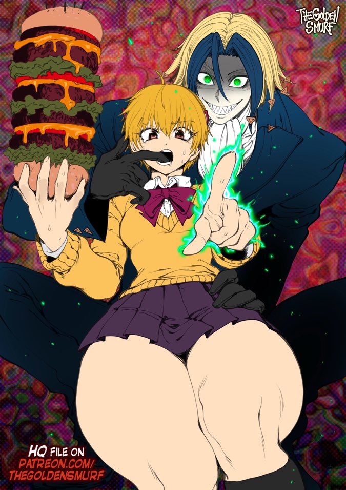 1boy, 1girls, breasts, burger, demon, female, finger in mouth, katsuragi yako, majin tantei nougami neuro, male, nougami neuro, school uniform, schoolgirl, short hair, skirt, small breasts, suit, sweat, thegoldensmurf, thick thighs, thighs