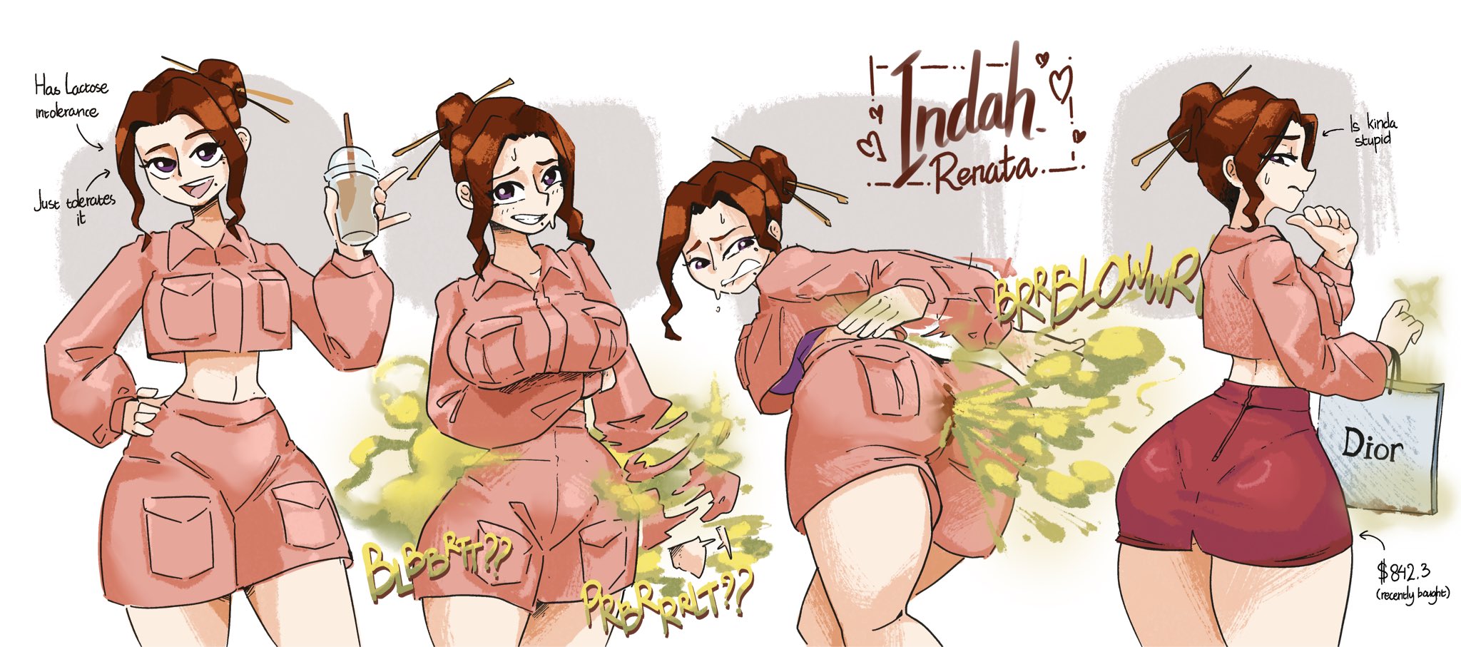 1girls, bra, bra peek, breasts, brown hair, clenched teeth, fart, fart fetish, farting, female, indah (polapolabianda), lactose intolerance, large breasts, looking at viewer, mole, mole under eye, open mouth, original, pantylines, polapolabianda, ponytail, pooping on self, purple bra, scat, shart, shitting, shitting self, shorts, skirt, soiling, stained pants, stained shorts
