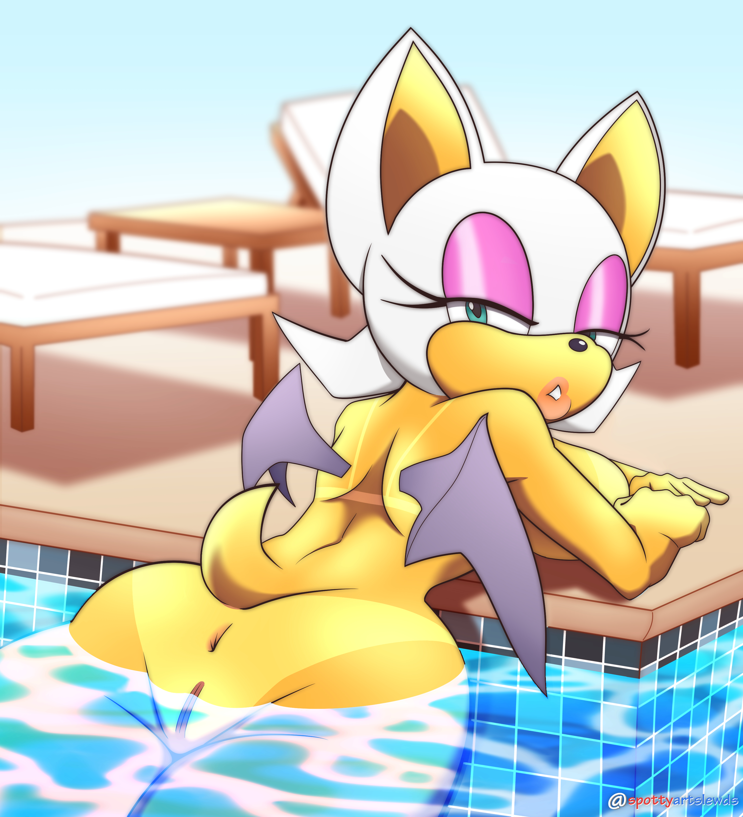 anthro, anus, breasts, female, female only, hi res, nude, pool, poolside, pussy, rouge the bat, sideboob, sonic (series), spottyartslewd, sunbathing, tanline, uncensored, wings