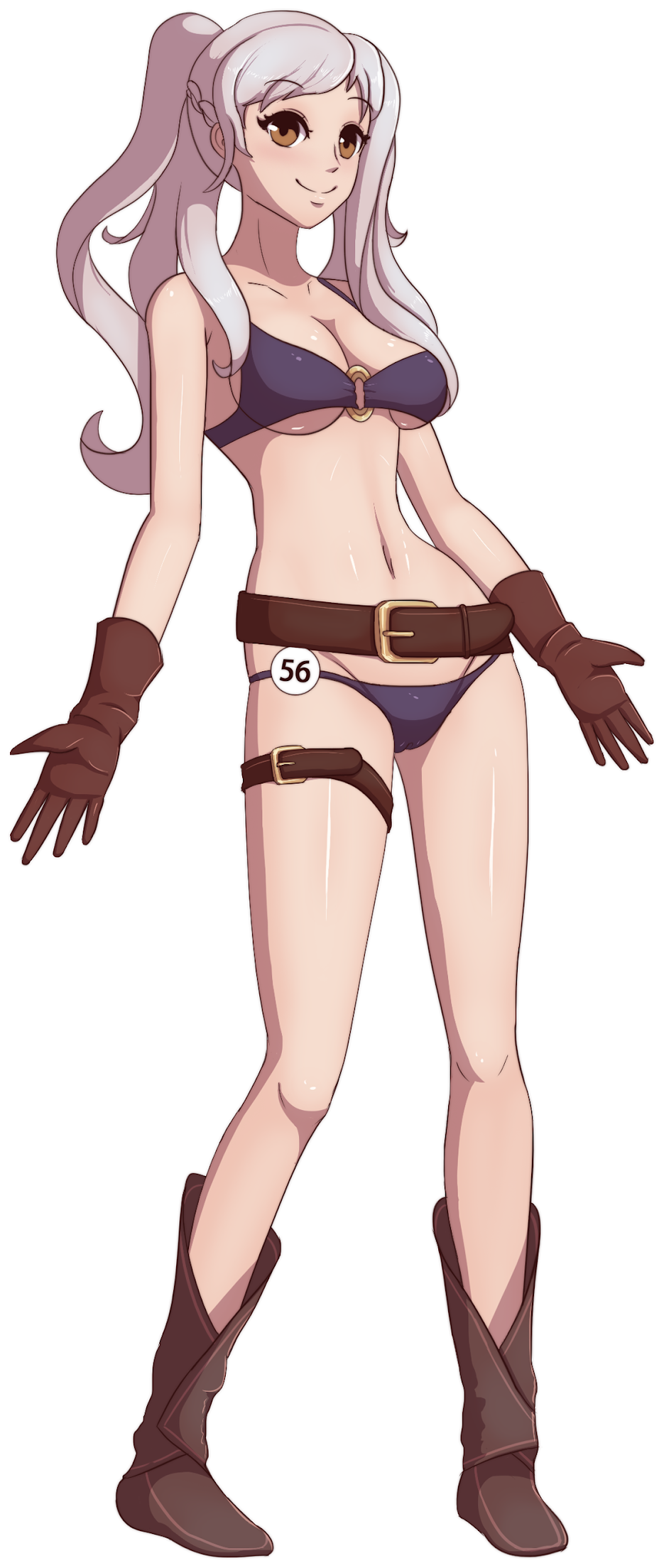 1girls, belt, bikini, boots, curly hair, female, fire emblem, fire emblem awakening, fire emblem heroes, leather gloves, robin (fire emblem), robin (fire emblem) (female), thigh strap, white hair, zelc-face