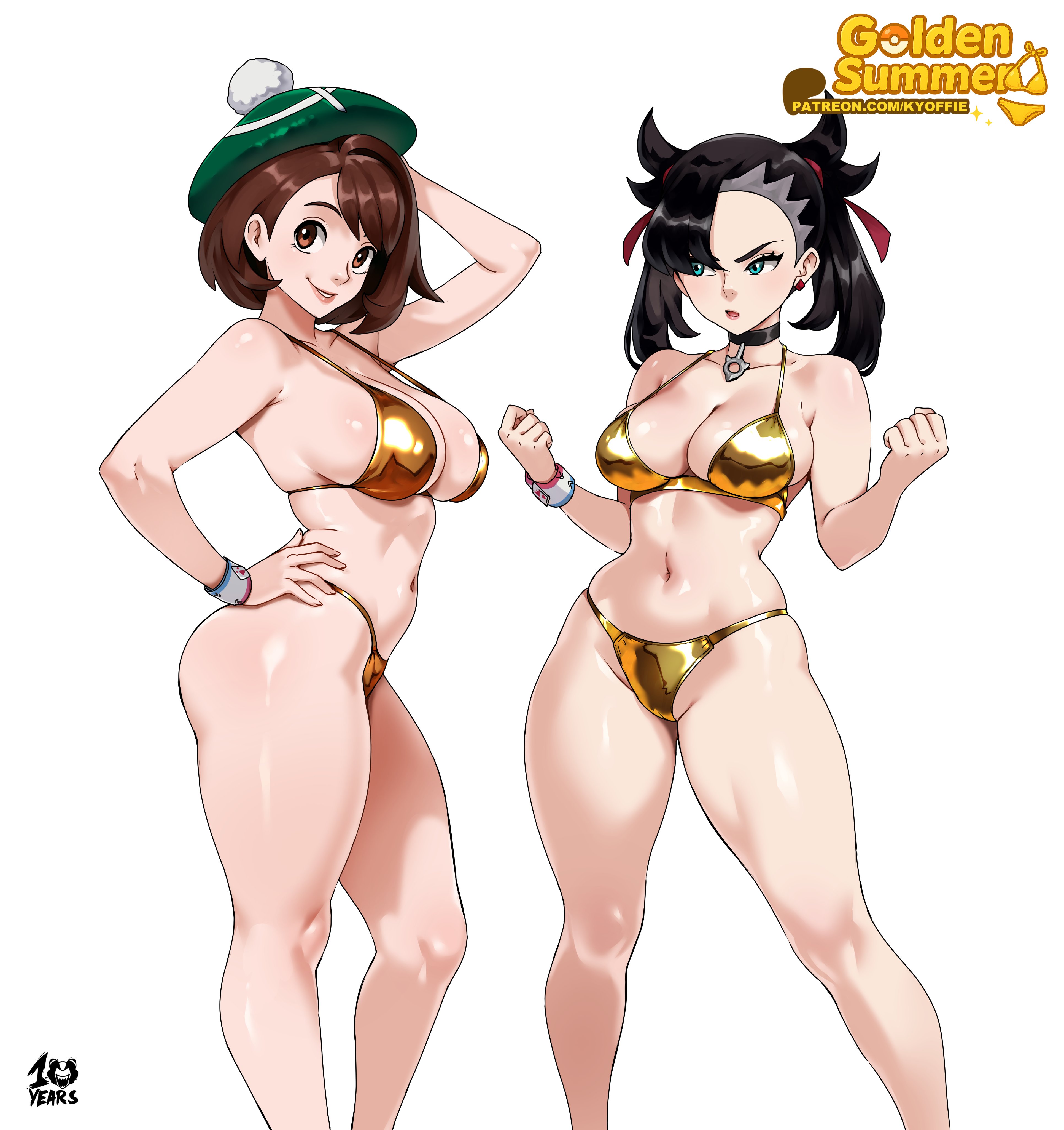 2025, 2girls, adult female, aged up, alternate breast size, armwear, ass, big ass, big breasts, bikini, black hair, black-haired female, breasts, brown hair, brown-haired female, female, female only, game freak, gloria (pokemon), gold bikini, green eyes, grey eyes, hat, kyoffie, large breasts, light skin, light-skinned female, marnie (pokemon), medium breasts, nintendo, pale skin, pale-skinned female, pokemon, pokemon ss, tagme, thick thighs, watermark, white background
