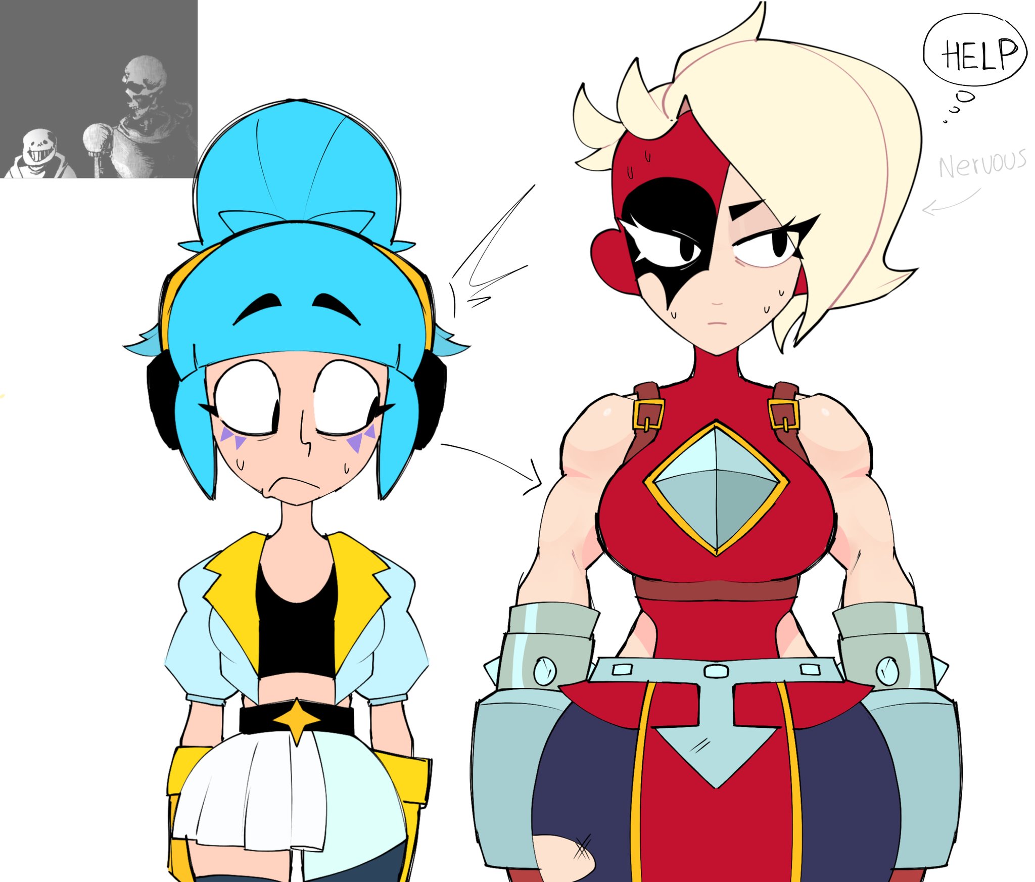 blonde hair, blue hair, brawl stars, female, janet (brawl stars), jayry008, lumi (brawl stars), supercell