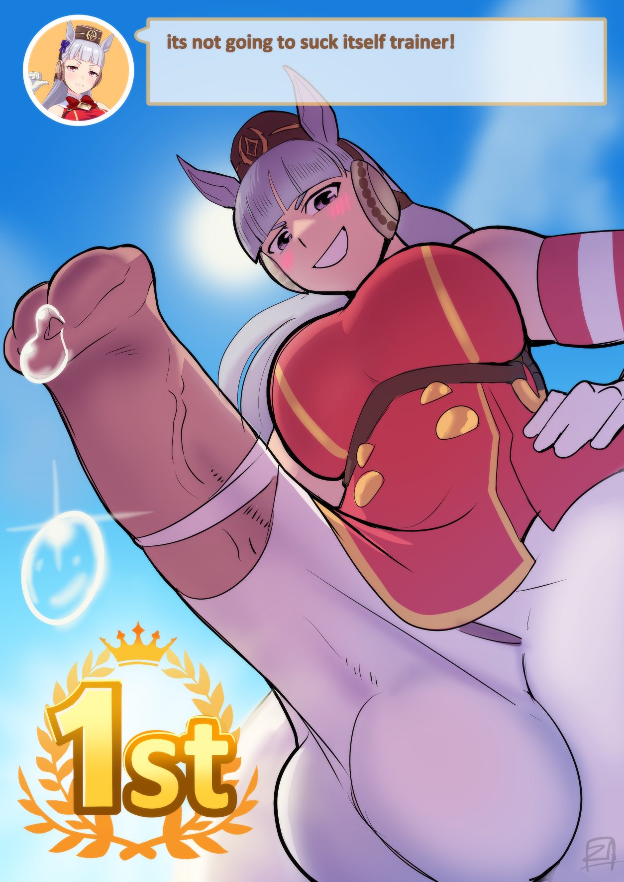 1futa, animal genitalia on humanoid, balls, blush, breasts, clothed, clothing, english dialogue, english text, equine penis, erection, futa only, futanari, gold ship (umamusume), hand on hip, horse futa, horsecock, horsecock futa, horsecock on humanoid, huge breasts, intersex, looking down, low-angle view, mostly clothed, penis, precum, ripped clothing, ripped pants, solo, taker pov, testicles, text box, umamusume, umamusume pretty derby, uncensored, white hair, zestysauce