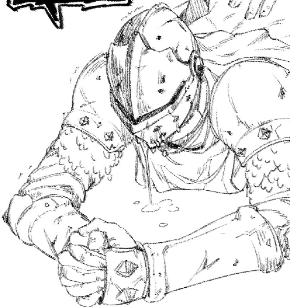 1boy, 2025, armor, black and white, clasped hands, clothed, crusader (darkest dungeon), darkest dungeon, gauntlets, gay, helmet, implied anal, implied sex, male, male only, reynauld, solo, trembling