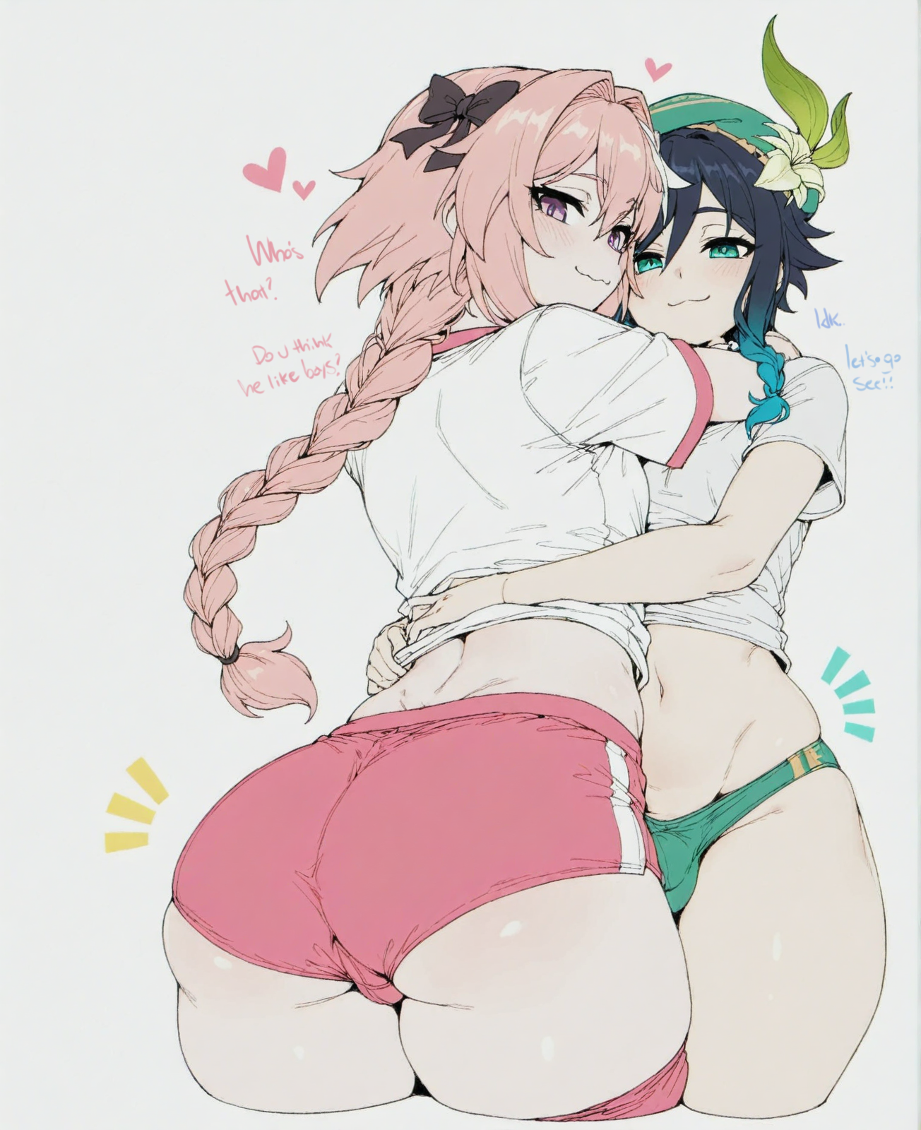 :3, 2boys, ai generated, androgynous, ass, astolfo (fate), astolfo (saber) (fate), bangs, beret, black bow, black hair, blue hair, blush, bow, braid, braided ponytail, bulge, buruma, closed mouth, clothes lift, cropped legs, english text, fate (series), fate/apocrypha, fate/grand order, flower, gradient hair, green eyes, green headwear, grey background, gym uniform, hair between eyes, hair intakes, hairbow, hat, hat flower, heart, hug, huge ass, long hair, looking at viewer, looking back, male, male focus, midriff, multicolored hair, multiple boys, multiple males, navel, otoko no ko, pink hair, purple eyes, shirt, short sleeves, simple background, single braid, skin fang, skindentation, smile, sondu, thighhighs, thighs, twin braids, venti (genshin impact), white background, white flower, white shirt, yaoi