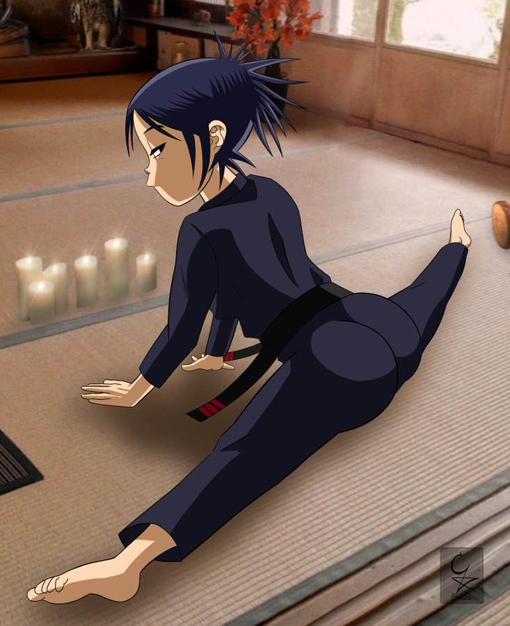 1girls annoyed_expression asian asian_female big_ass big_breasts black_pants black_shirt cockstar_studios female gorillaz legs_apart legs_spread looking_off_screen messy_hair noodle_(gorillaz) posing