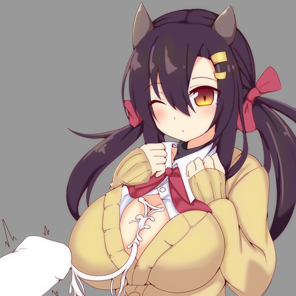 1boy, 1girls, after paizuri, azur lane, black hair, blush, bow, breasts, closed eye, cow horns, cum, cum bridge, cum string, ejaculation, ejaculation between breasts, female, hair ornament, hairbow, hairclip, horns, kazuaku kazari, large breasts, male, nagara (azur lane), paizuri, pov, school uniform, straight, twintails, winking, yellow eyes