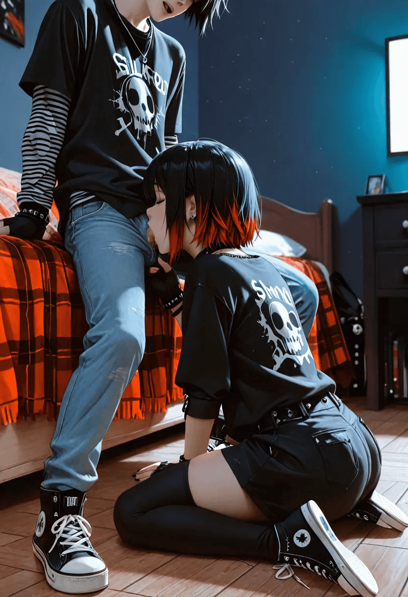 ai_generated black_hair blowjob converse couple emo emo_girl emo_hair fellatio jeans kneeling kneeling_oral_position moaning oral penis penis_in_mouth red_highlights shoes short_hair shorts sucking sucking_penis thigh_gap thighhighs
