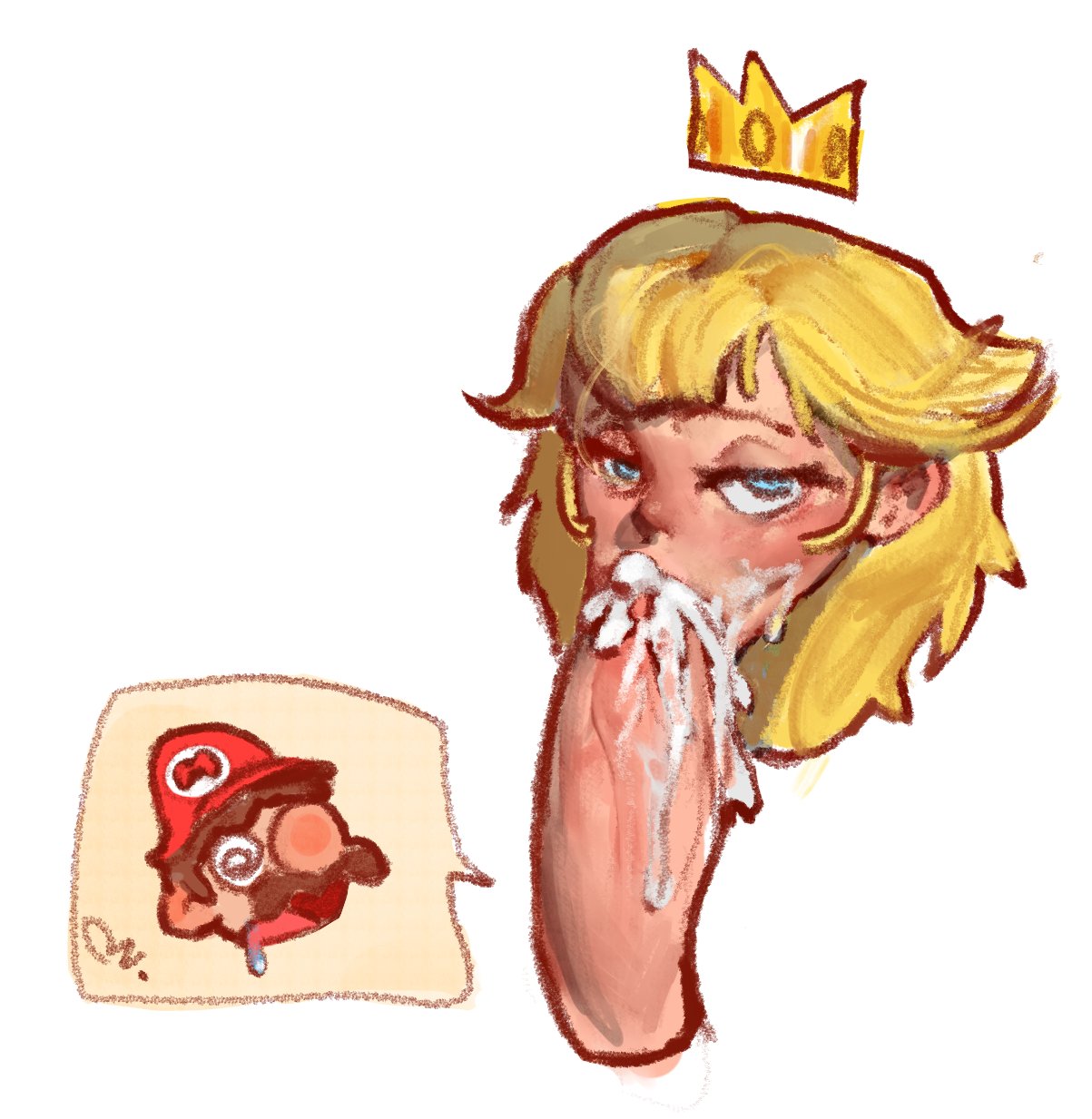 1boy, 1girls, 2024, big penis, blonde female, blowjob, blowjob face, blue eyes, crown, cum, cum in mouth, cum on face, extinctyellow, female, heart, male, mario, mario (series), nintendo, penis, princess peach, reaction bubble, straight, sucking penis, super mario bros., watermark, white background
