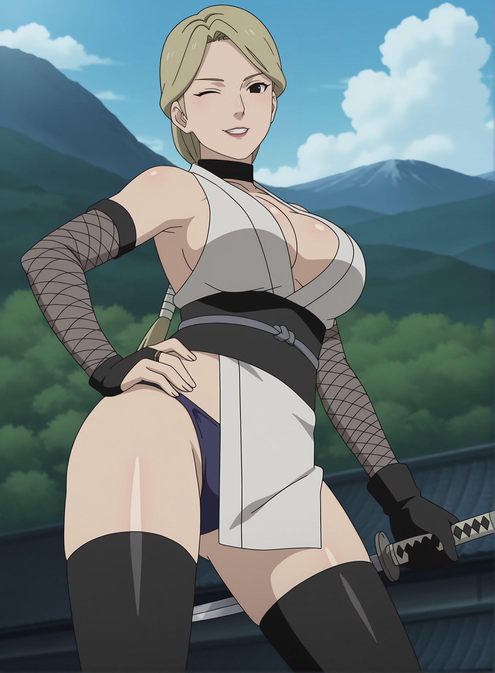 1girls, ai generated, alternate costume, arm warmers, big breasts, black eyes, blonde hair, bottomless, breasts, chatmechant, cleavage, collar, curvy, female, female only, fingerless gloves, fishnets, from below, gloves, grin, hand on hip, holding object, hourglass figure, japanese clothes, katana, kimono, kunoichi, lipstick, long hair, looking at viewer, makeup, mature, mature female, naruto, naruto (series), naruto shippuden, nii yugito, ninja, no bra, one eye closed, outdoors, panties, pinup, ponytail, revealing clothes, short kimono, sleeveless, slim waist, smile, solo, sword, thighhighs, upper body, viewed from below, weapon, wide hips, wink