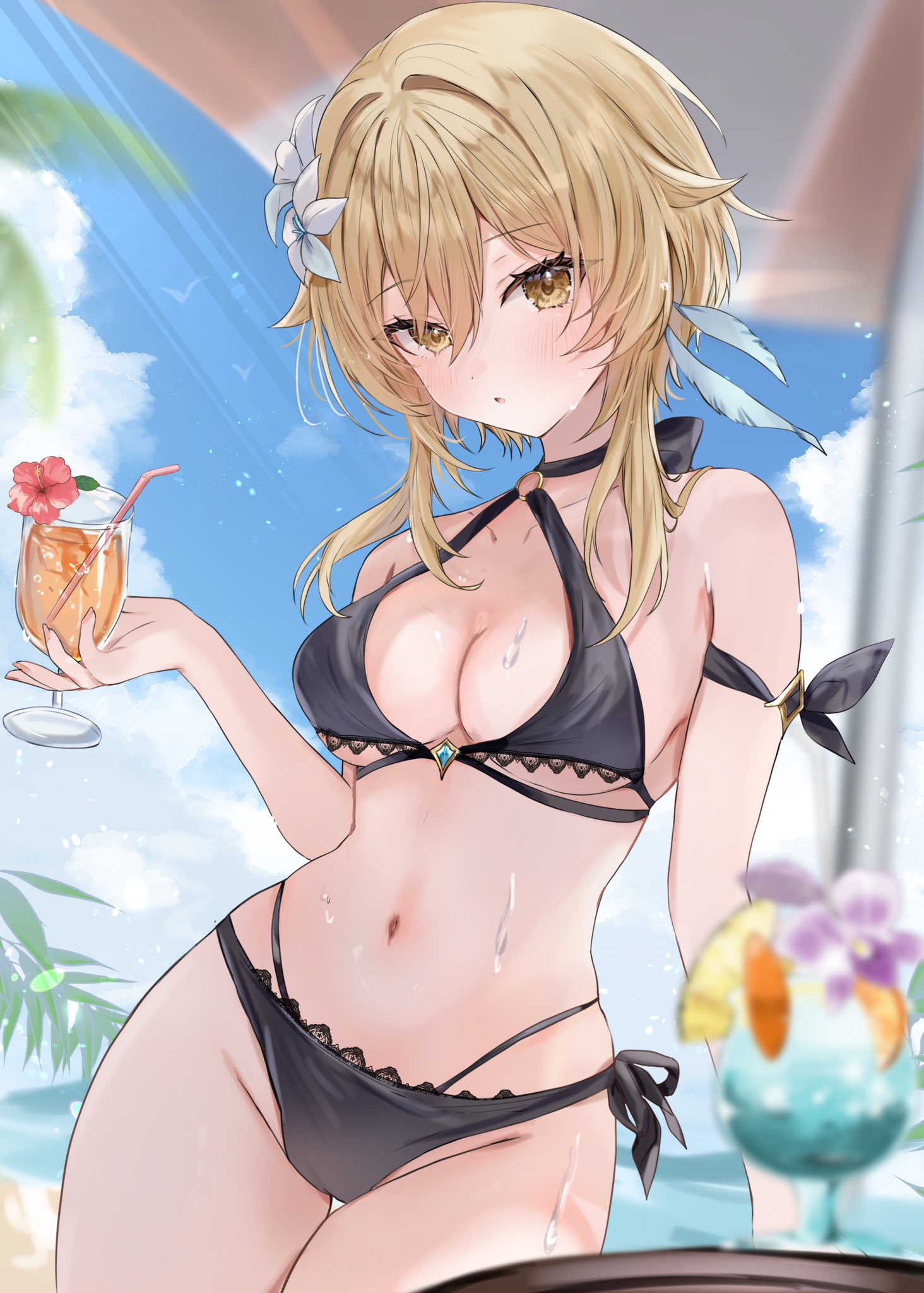 beach, bikini, black bikini, blonde hair, blue sky, breasts, cup, female, flower, genshin impact, hair flower, hair ornament, highres, holding, holding cup, lace, lace trim, lace-trimmed bikini, looking at viewer, lumine (genshin impact), maruro, medium breasts, navel, o-ring, o-ring top, parted lips, short hair with long locks, sky, solo, stomach, swimsuit, thigh gap, wet, yellow eyes