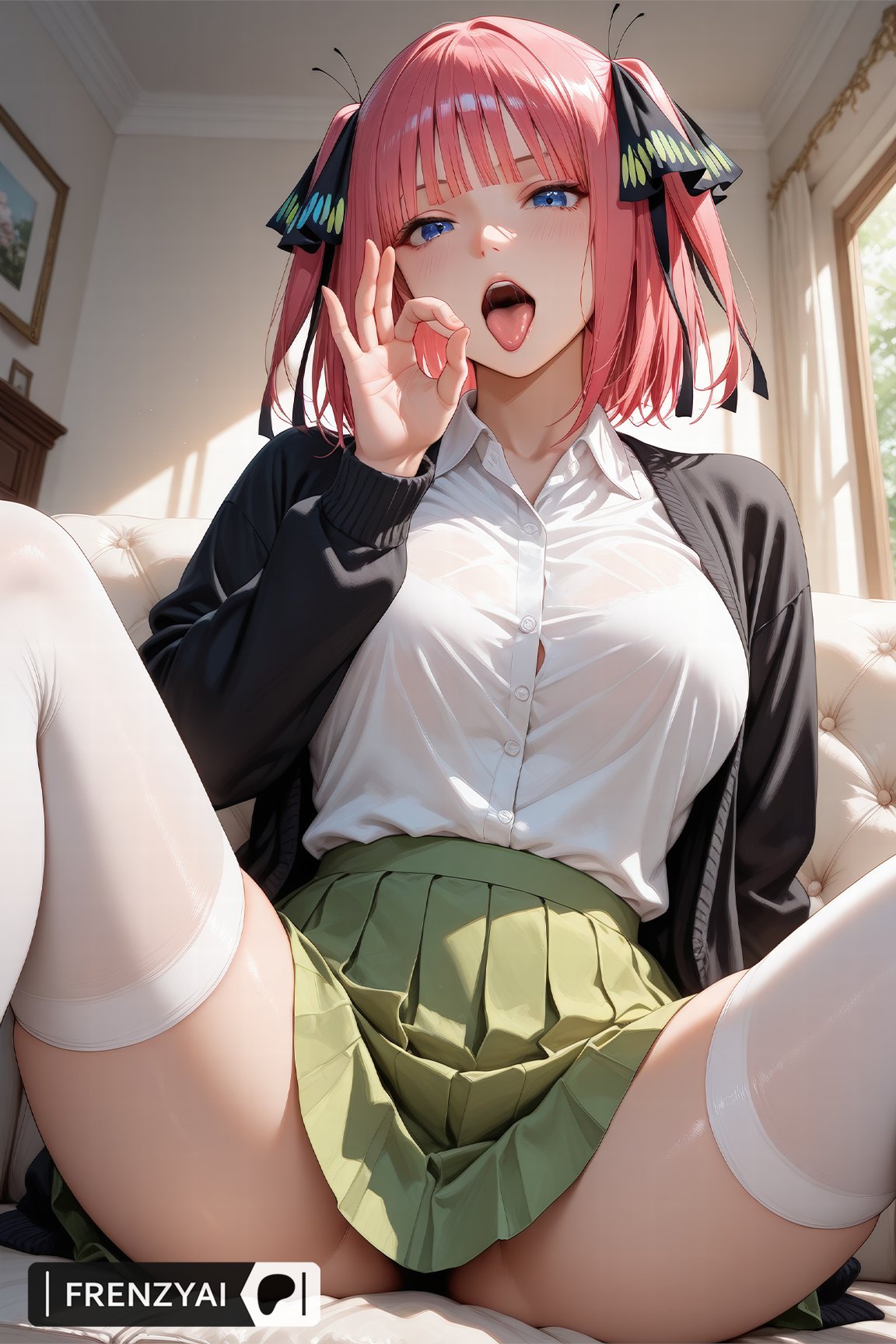 ai generated, arm support, bangs, black cardigan, black panties, black ribbon, blue eyes, blunt bangs, blush, breasts, butterfly hair ornament, cardigan, collarbone, collared shirt, couch, day, dress shirt, fellatio gesture, female, frenzyai, go-toubun no hanayome, green skirt, hair ornament, hair ribbon, indoors, large breasts, leaning back, long sleeves, looking at viewer, nakano nino, open cardigan, open clothes, open mouth, oral invitation, panties, pink hair, pleated skirt, ribbon, school uniform, shirt, short hair, sitting, skirt, solo, spread legs, thighhighs, thighs, tongue, tongue out, two side up, underwear, white shirt, white thighhighs, window