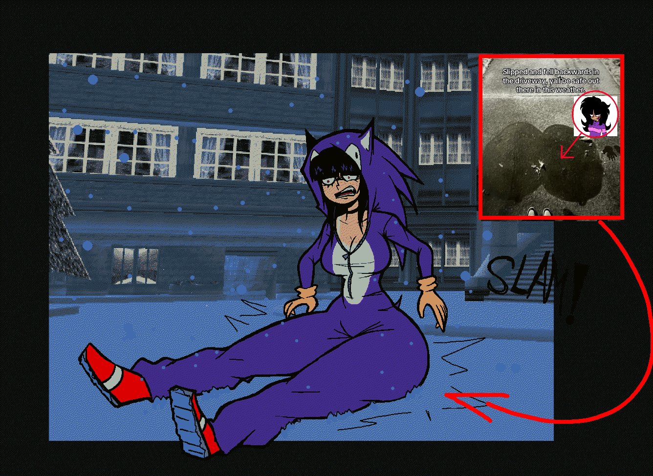 ass, falling, hoodie, huge ass, meme, needlemouse (character), needlemouse (series), neet, parody, sarah henderson (needlemouse), snowing, solo, sonic (series), tagme, ykujo