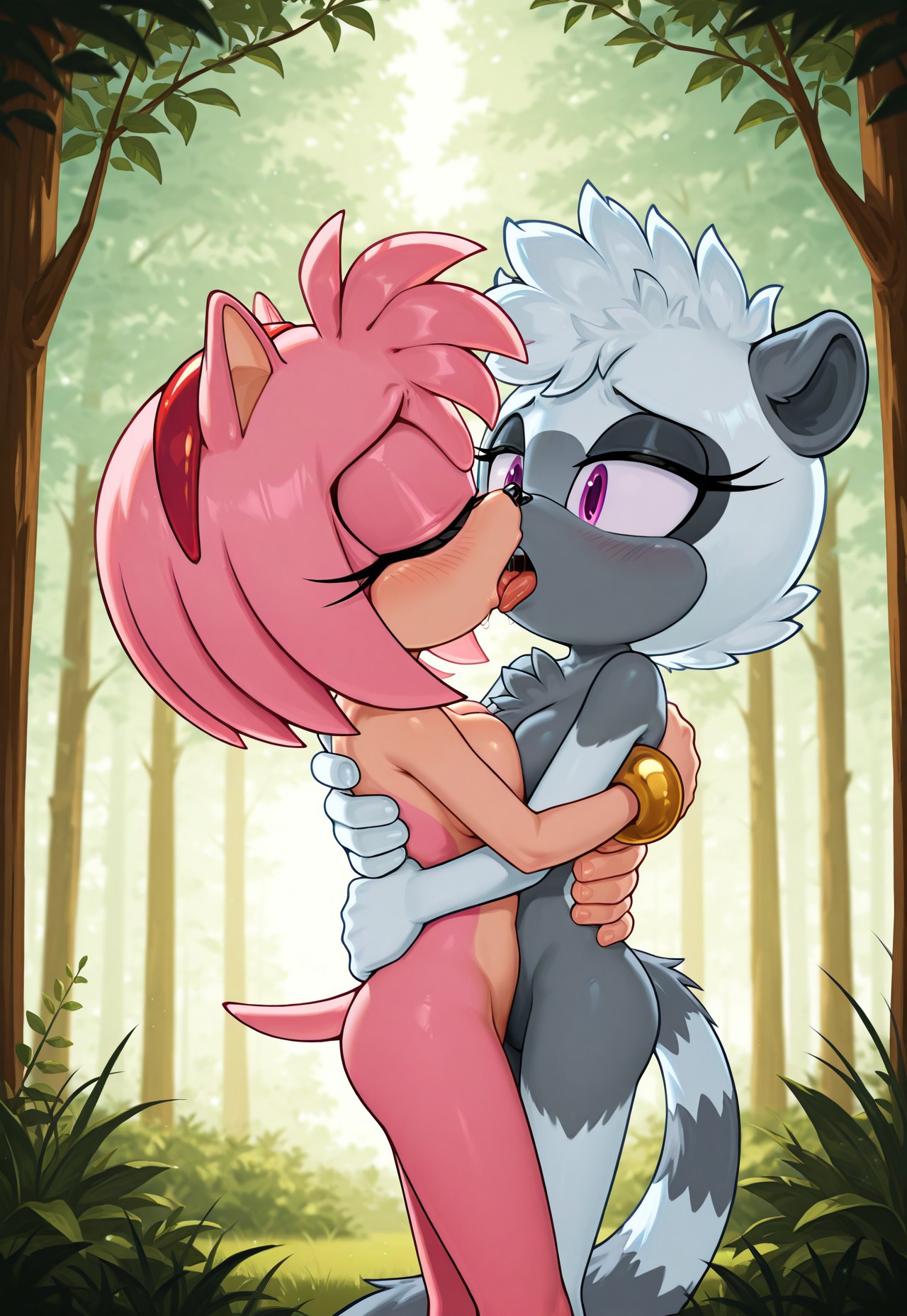 2girls, ai generated, amy rose, breast press, breasts, drooling, female, hug, kissing, nude, saliva, sonic (series), sonic the hedgehog (idw), tangle the lemur, tongue, tongue out, yuri