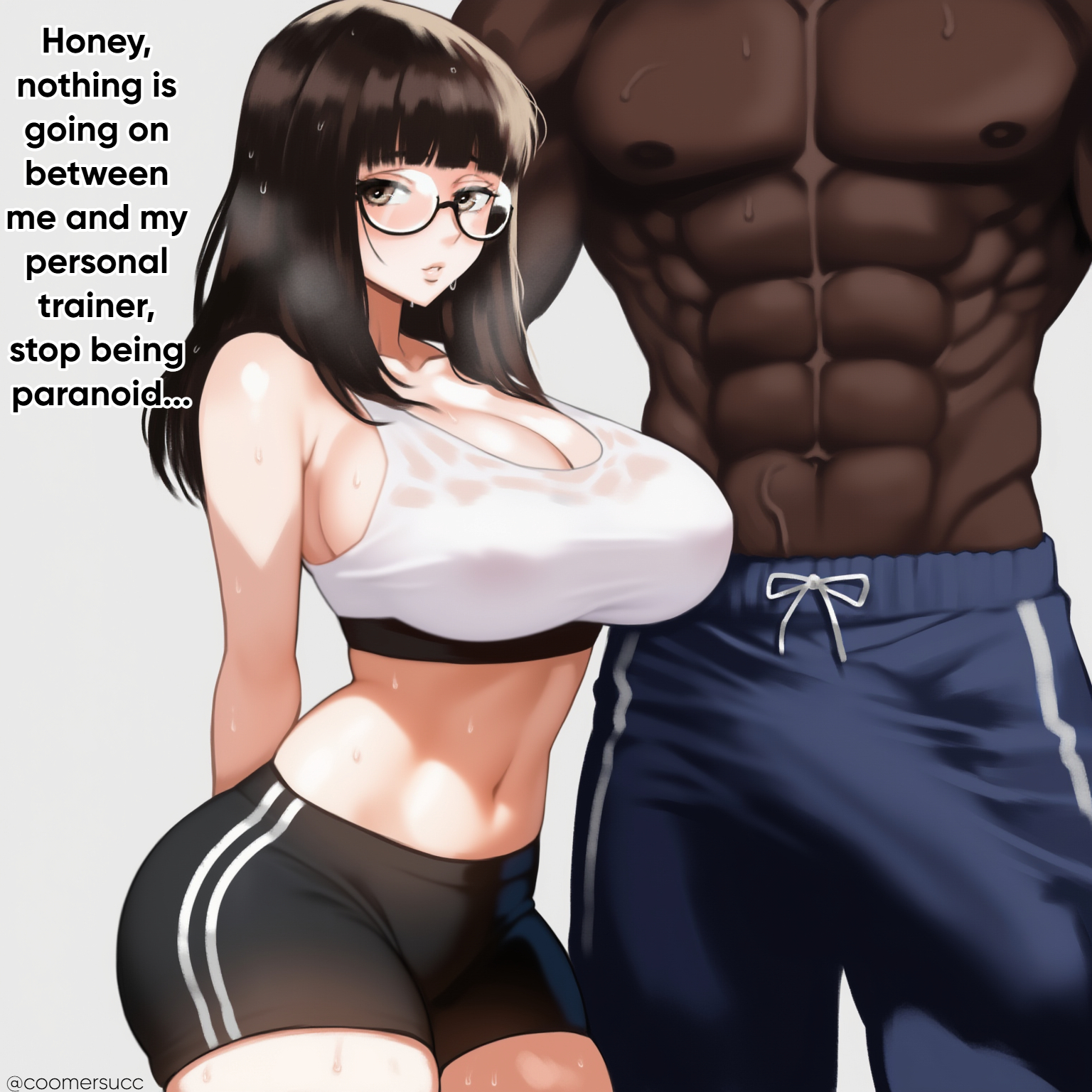 1boy, 1girls, abs, ai generated, bare arms, bare legs, bare shoulders, bare thighs, big breasts, big penis, black hair, breasts, bulge, color, coomersucc, dark skin, dark-skinned male, english text, female, glasses, hi res, interracial, large breasts, light skin, light-skinned female, male, male/female, muscles, muscular, muscular male, netorare, ntr, original character, penis, text, thick thighs