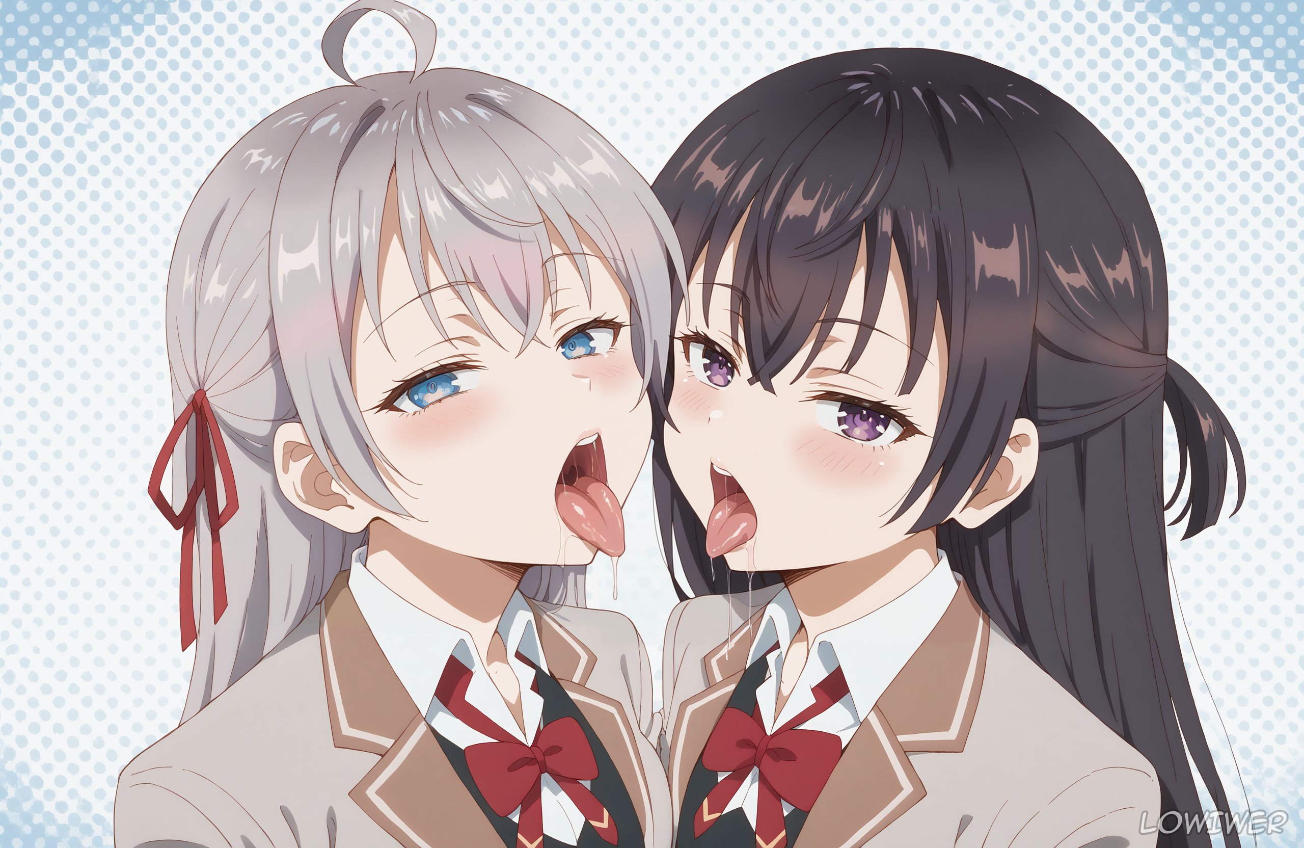 2girls, ahoge, ai generated, alisa mikhailovna kujou, bangs, black hair, blue eyes, blush, bow, bowtie, brown hair, brunette hair, clothed, clothing, collared shirt, cropped jacket, duo, female, female only, grey hair, grey jacket, hi res, highres, jacket, light skin, light-skinned female, long hair, looking at viewer, lowiwer, multiple females, multiple girls, open mouth, oral invitation, purple eyes, red bow, red ribbon, saliva, saliva drip, school uniform, schoolgirl, silver hair, suggestive, suggestive look, suggestive pose, suou yuki, tokidoki bosotto russian de dereru tonari no alya-san, tongue, tongue out