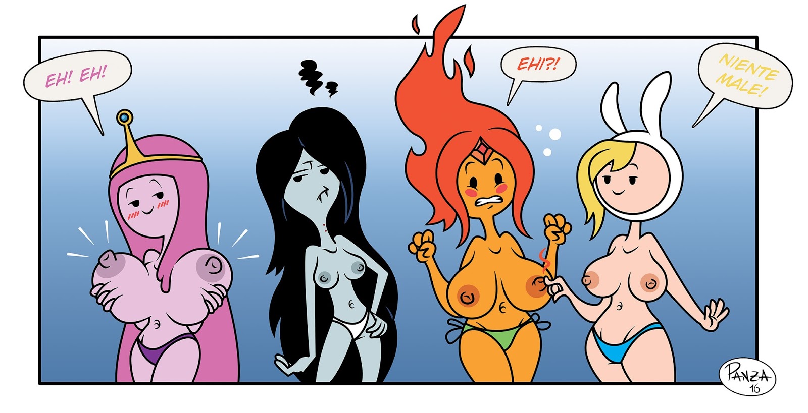 4girls, accurate art style, adventure time, areolae, big breasts, black hair, blonde hair, breast envy, breasts, breasts out, cartoon network, female, female focus, female only, fionna the human girl, flame princess, flaming hair, grabbing breasts, groping, human, humanoid, ilpanza, italian text, marceline, nipples, pale skin, pink hair, pink skin, princess bubblegum, small breasts, smug, smug face, topless, vampire, vampire girl