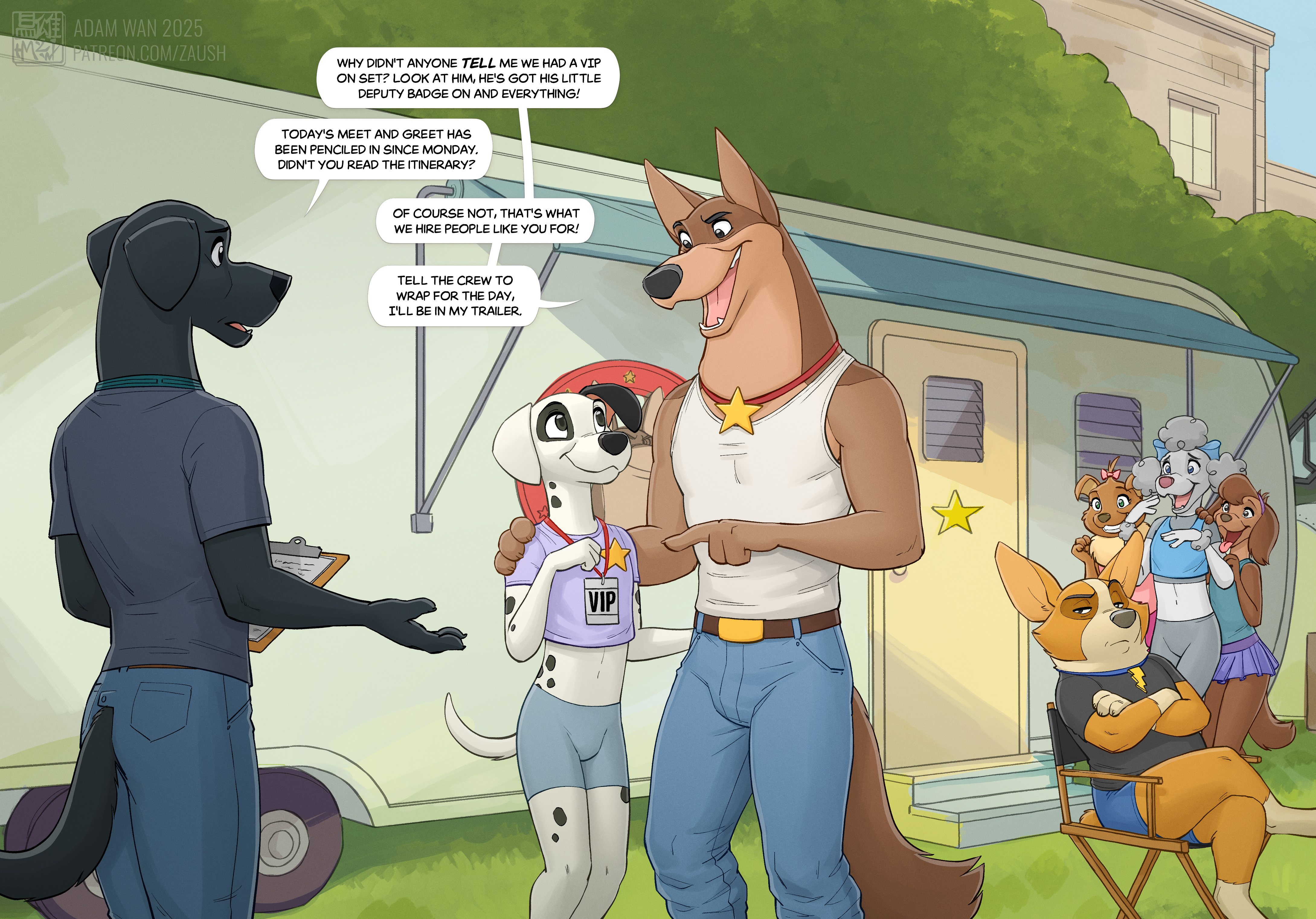 101 dalmatians, adam wan, adult and cub, anthro, canid, canine, canis, cartoony, colorful, cub, dalmatian, dialogue, disney, domestic dog, german shepherd, highres, labrador, li'l lightning, male, male cub, male focus, male/male, patch (101 dalmatians), poodle, thunderbolt (101 dalmatians), welsh corgi, young, zaush