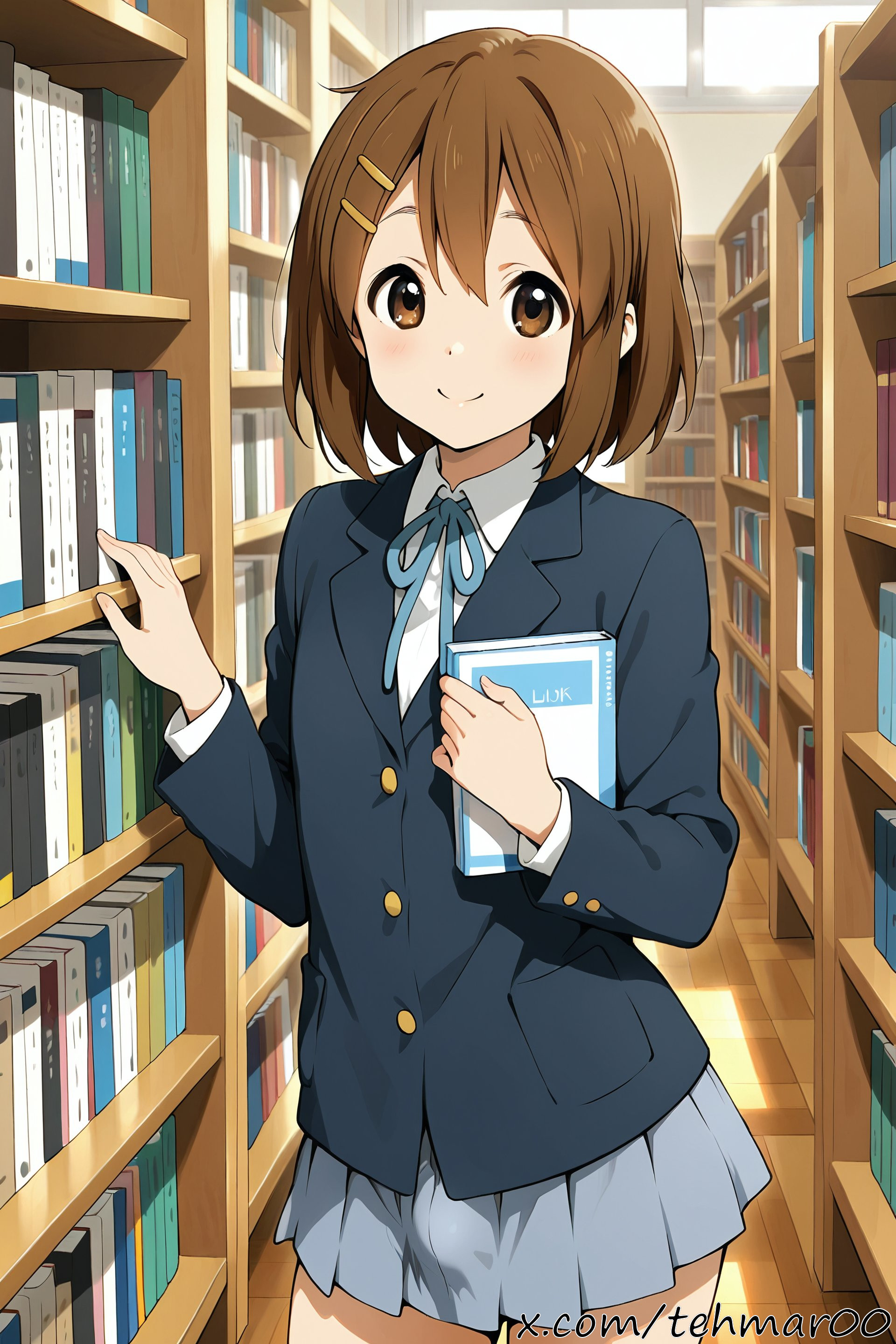 1boy, ai generated, brown eyes, brown hair, bulge, cosplay, femboy, genderswap (ftm), hairclip, holding book, k-on!, library, looking at viewer, male, rule 63, sakuragaoka high school uniform, school uniform, solo, standing, tagme, tehmar, trans woman, transfem, trap, yui hirasawa (k-on!)