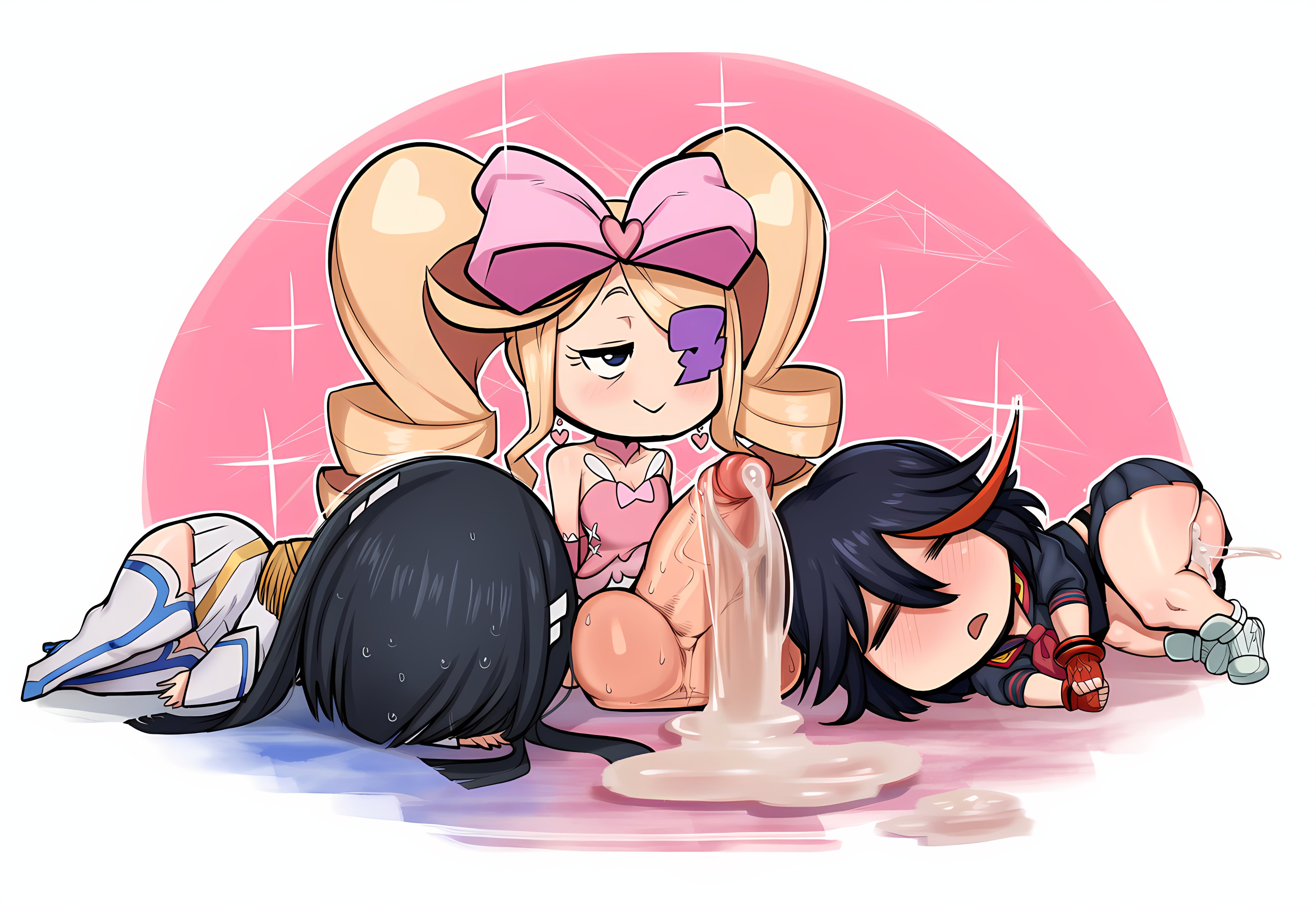 1futa, 2girls, after sex, ai generated, ass, big hair, black hair, blonde hair, blush, bow, charlotteanon, chibi, cum, doggystyle, dress, drill hair, eyepatch, female, futa with female, futanari, hair bow, harime nui, intersex, kill la kill, kiryuuin satsuki, long hair, matoi ryuuko, multicolored hair, multiple females, multiple girls, pink bow, pink footwear, red hair, school uniform, serafuku, sex from behind, short hair, skirt, suspenders, tagme, twin drills, twintails, uncensored, underwear