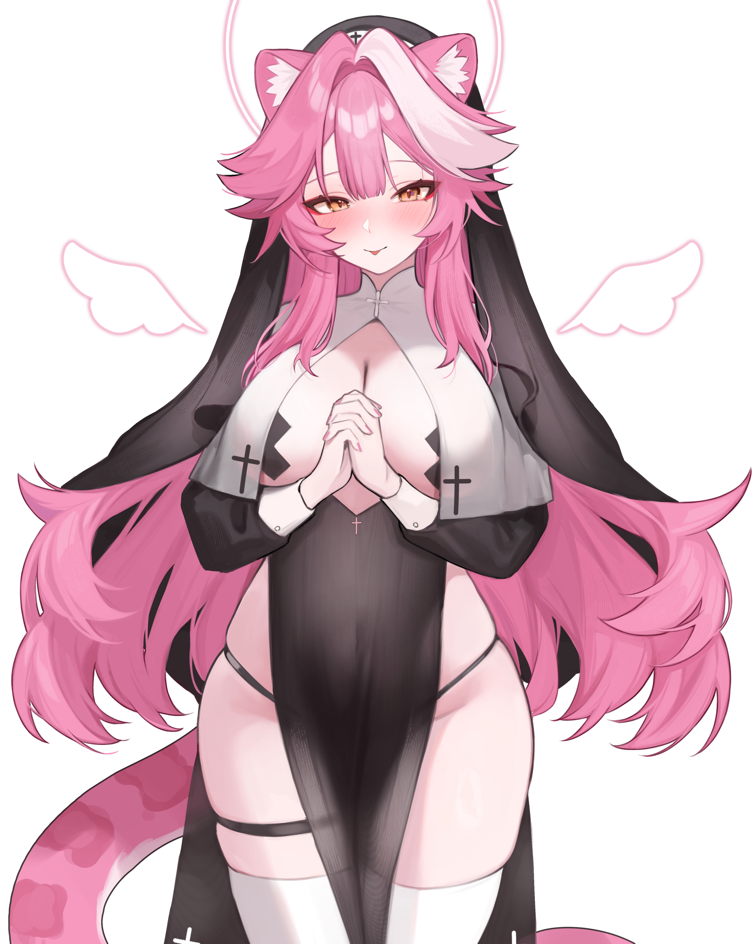 absurdres, alternate costume, animal ears, black coif, black dress, blush, breast curtains, breastless clothes, breasts, center-flap bangs, cleavage, commentary, cowboy shot, cross, cross pasties, double-parted bangs, dress, english commentary, female, guimpe, halo, highres, hololive, hololive english, hololive english -justice-, hoshi usagi, large breasts, long hair, long sleeves, looking at viewer, multicolored hair, nun, own hands clasped, own hands together, panther ears, panther girl, panther tail, panty straps, pasties, pelvic curtain, pink hair, raora panthera, sidelocks, simple background, sleeve cuffs, solo, streaked hair, tail, thigh strap, thighhighs, very long hair, virtual youtuber, white background, white streaks, white thighhighs, yellow eyes
