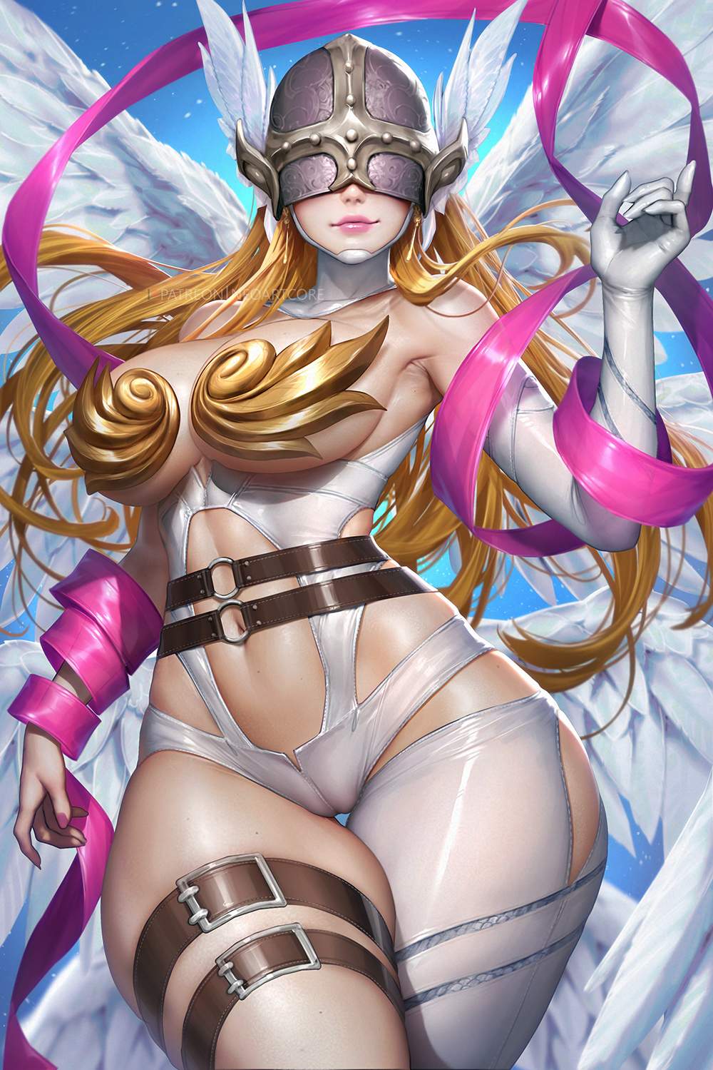 1girls, angel, angel girl, angel wings, angewomon, armpits, big breasts, blonde female, blonde hair, blonde pubic hair, blonde-haired female, breasts, breasts out, censored, digimon, female, female focus, female only, gloves, head wings, helmet, huge breasts, lipstick, long hair, looking at partner, looking at viewer, milf, multiple strap-ons, multiple straps, navel, neoartcore, no bra, pink lips, pink lipstick, pose, posing, posing for picture, posing for the viewer, pussy, ribbon, ribbons, sexy, sexy armpits, sexy body, sexy pose, socks, socks (marking), socks only, thick legs, thick thighs, thigh gap, thighhighs, thighs, tight clothes, tight clothing, tight fit, tight panties, tight pants, tight pussy, white gloves, white panties, white suit, wings