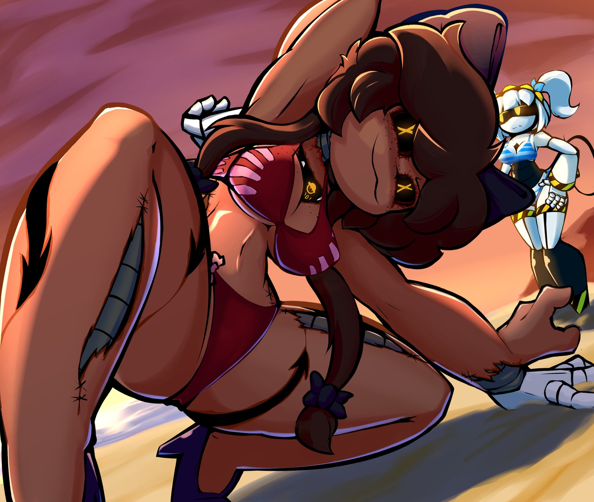 :3, 2025, 2girls, beach, bikini, black bow, black heels, black sclera, blue swimsuit, breasts, brown hair, cyn (murder drones), cyntessa (murder drones), disassembly drone, female, female focus, female only, glitch productions, hairbow, heels, high heels, j (murder drones), just thenia, looking at viewer, murder drones, nightmare waifu, no ai, red swimsuit, robot, robot girl, robot humanoid, screen face, skinsuit, stitches, striped swimsuit, sunset, swimsuit, swimwear, thick thighs, torn skin, twintails, twintails (hairstyle), villainess, western cartoon, x-shaped pupils, yellow eyes
