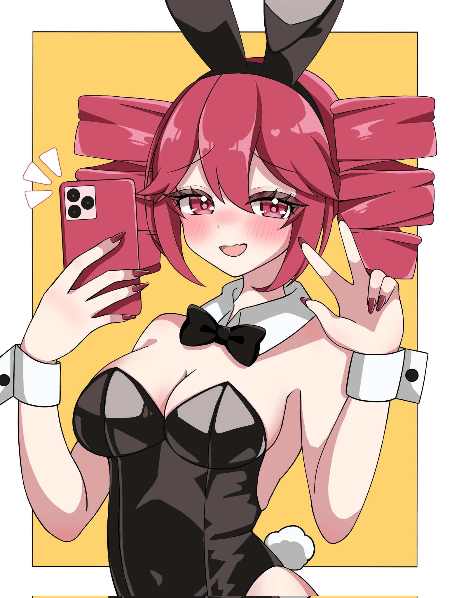 1girls, 2d, 2d (artwork), artist request, big breasts, blush, bowtie, bowtie collar, breasts, bunny ears, bunny girl, bunny tail, bunnysuit, cleavage, detached collar, female, female only, kasane teto, large breasts, leviteto (synthesizer v), mv character, peace sign, phone, playboy bunny, red eyes, red hair, simple background, small waist, solo, solo female, synthesizer v, twin drills, utau, wavy mouth