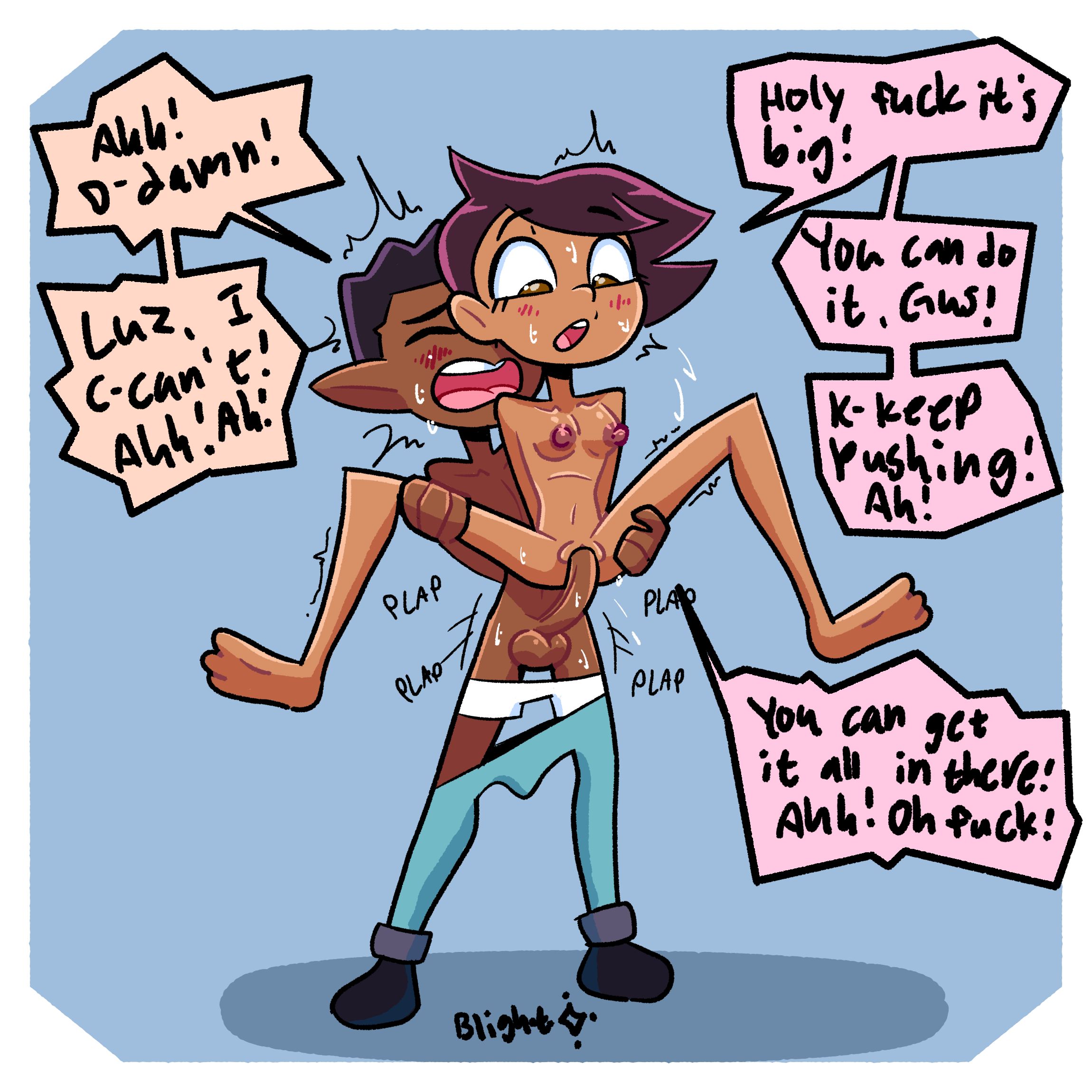1boy, 1girls, afrolatina, artist signature, balls, blightstar, blush, breasts, brown eyes, brown-eyed female, cartoon anatomy, cartoony, closed eyes, completely naked female, completely nude female, dark skin, dark-skinned female, dark-skinned male, dialogue, encouragement, encouraging, english text, female, gus porter, hand on thigh, human, interracial, large nipples, large penis, lifting, looking down, luz noceda, male, melanin, naked, naked female, nude female, oddly wholesome, open mouth, pants down, penis, penis in pussy, plap, pointed ears, pussy, reassuring, reverse suspended congress, shoes, short hair, short-haired female, short-haired male, small breasts, speech bubble, speech bubbles, stand and carry position, standing, sweat, sweatdrop, tan skin, tan skinned female, text, the owl house, topless, topless male, vaginal, vaginal penetration, wholesome, witch