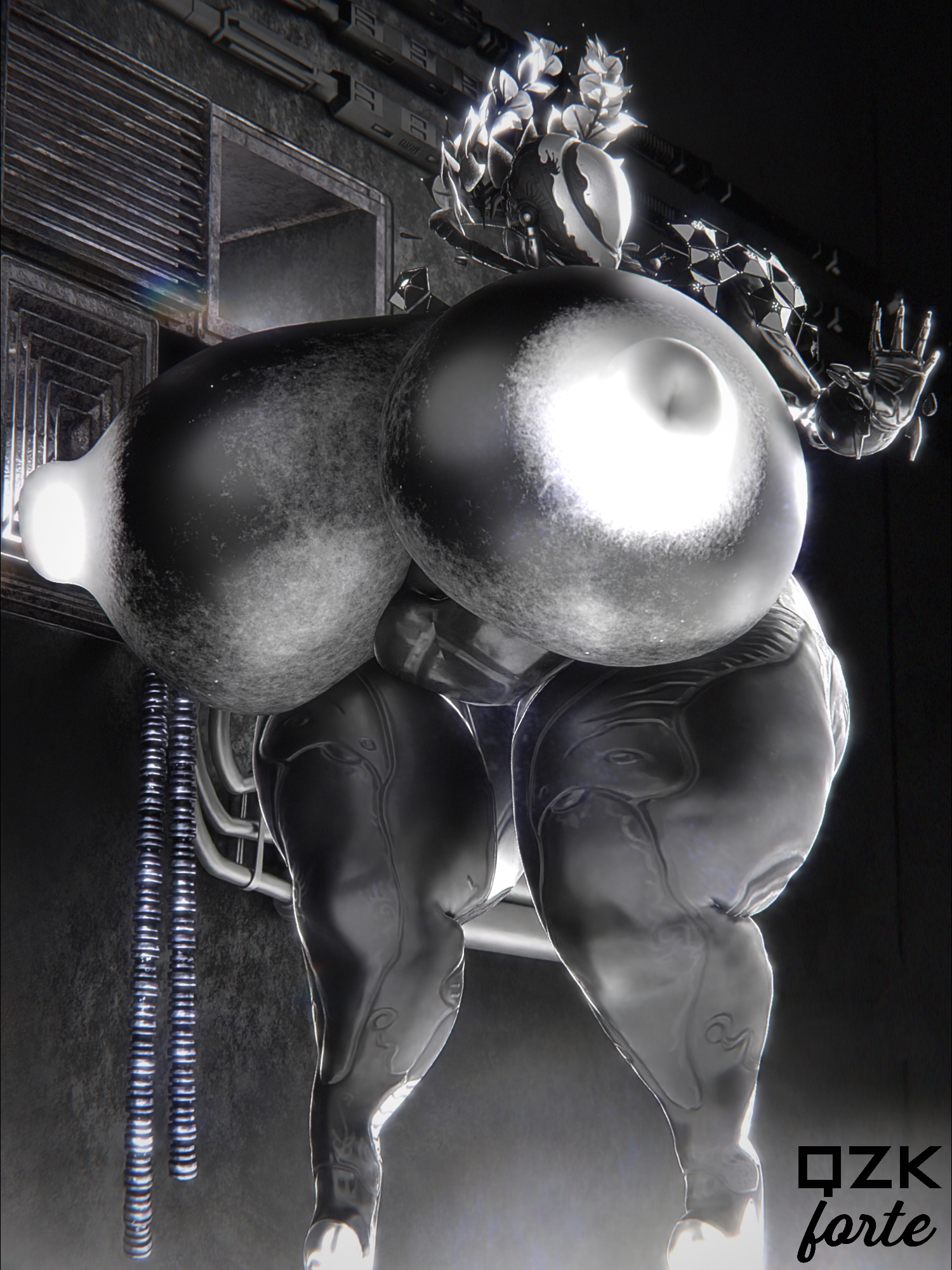 big breasts, breasts, cleavage, female, huge breasts, hyper breasts, irona (qzk forte), mag (warframe), monochrome, nipples, qzk forte, tagme, thick thighs, warframe, wide hips