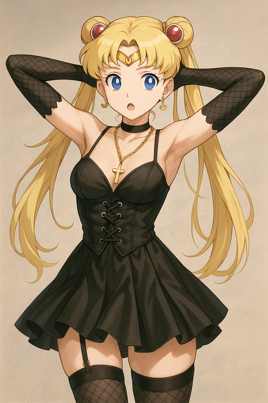 1girls ai_generated bishoujo_senshi_sailor_moon blonde_hair blue_eyes cleavage cross_necklace dress female fishnet_gloves fishnet_stockings hands_behind_head looking_at_viewer sailor_moon surprised tagme twintails usagi_tsukino very_long_hair zettai_ryouiki