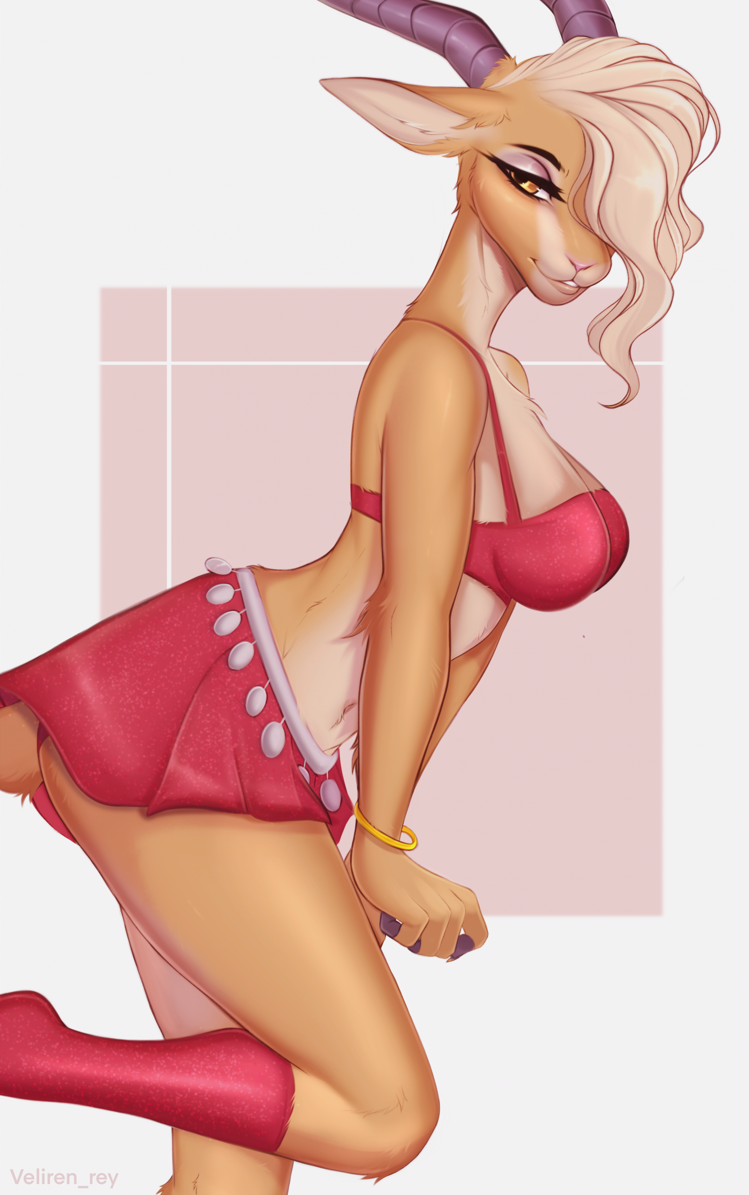 1female, 1girl, 1girls, 2024, 2024s, absurd res, absurdres, antelope, anthro, anthro female, anthrofied, ass, bedroom eyes, blonde, blonde female, blonde hair, blonde-haired female, boots, bovid, bovine, bracelet, breasts, dancer, digital drawing (artwork), digital media (artwork), disney, eyelashes, eyeshadow, female, female anthro, female focus, female only, fur, furry, furry female, gazelle, gazelle (zootopia), hair, half-closed eyes, hi res, highres, horn, horns, huge ass, huge butt, jewelry, long hair, makeup, medium breasts, microskirt, miniskirt, narrowed eyes, orange eyes, personification, purple eyeshadow, red boots, red skirt, seductive, seductive eyes, seductive look, seductive smile, simple background, skirt, smile, smiling, smiling at viewer, solo, solo female, solo focus, tail, tank top, thick thighs, thighs, true antelope, veliren rey, wide hips, zootopia