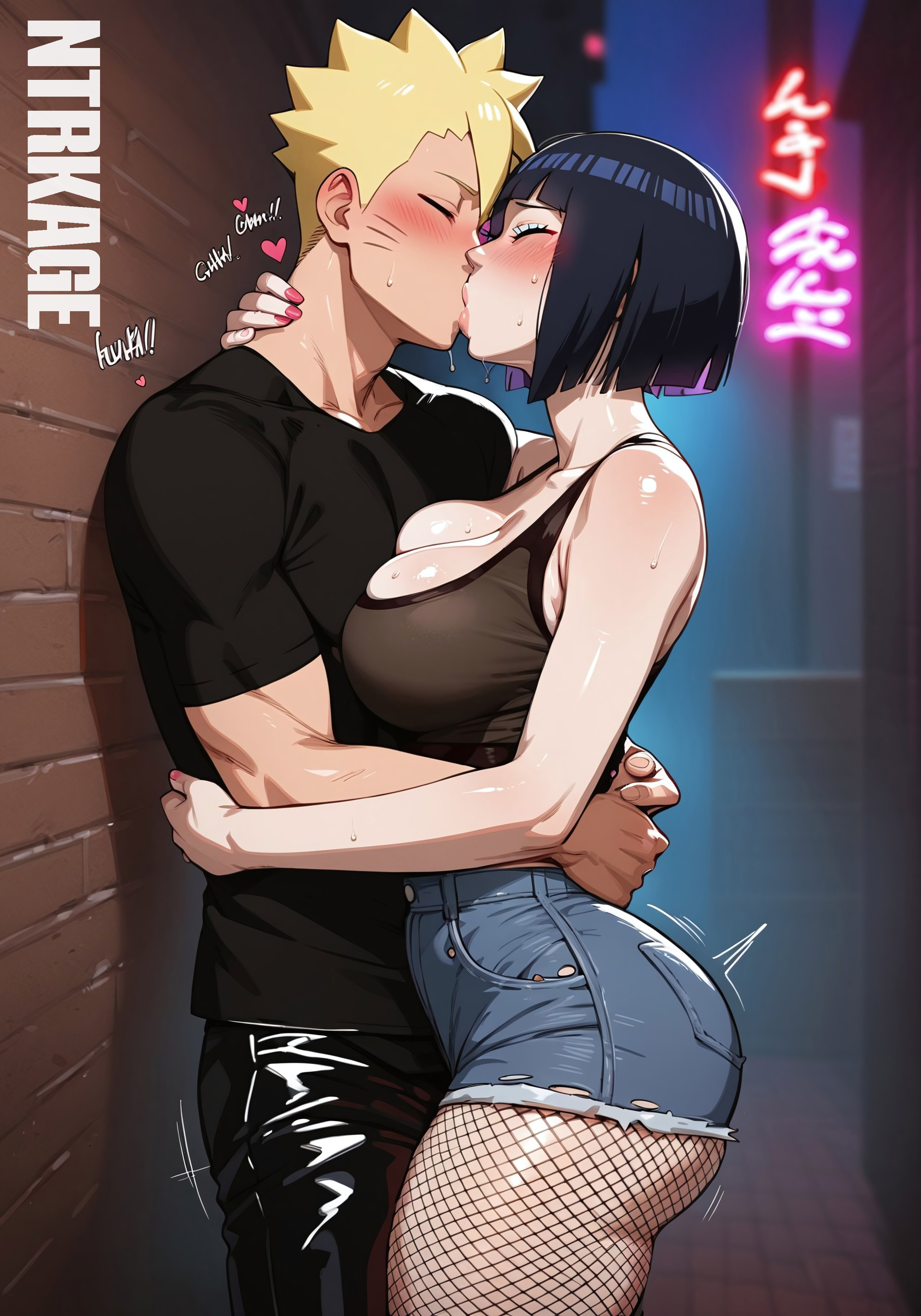 1boy, 1girls, against wall, age difference, ai generated, alley, alleyway, big breasts, blonde hair, blue eyes, blue hair, blush, blushing female, bob cut, boruto: naruto next generations, bouncing breasts, breast press, breasts, busty, cheating mother, cheating wife, closed eyes, closed mouth, cucked by own son, cuckold, dark alley, duo, duo focus, eyebrows, female, female focus, fishnet legwear, fishnets, heart, hi res, highres, hips, hires, hourglass figure, hug, huge breasts, hugging, hyuuga hinata, incest, kiss on lips, kissing, kissing on lips, large breasts, light skin, light-skinned female, makeup, male, mature female, milf, mother, mother and son, motion lines, naruto, naruto (series), natural breasts, neon lights, netorare, ntr, ntrkage, older female, passionate, plump, purple eyes, sexy, sexy pose, short hair, slim waist, smile, tank top, text, thick thighs, uzumaki boruto, uzumaki hinata, whisker markings, whiskers, yellow hair, younger male