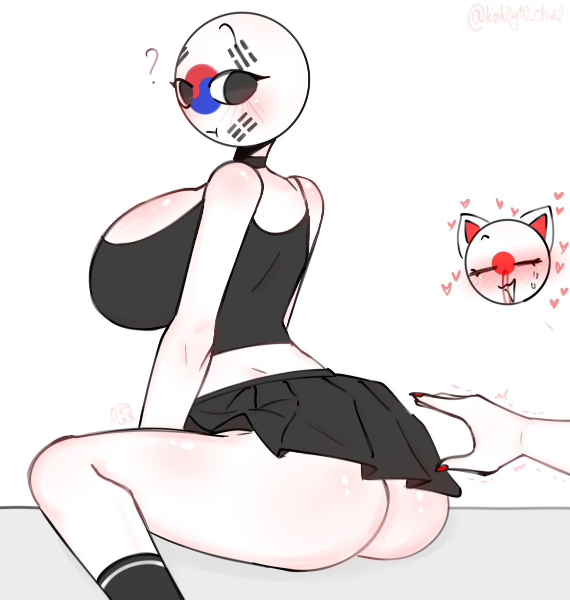 ?, 2girls, 3 fingers, among us reference, ass, black socks, blush, blushing, breasts, bubble ass, bubble butt, cat ears, confused, countryhumans, countryhumans girl, dress, female, hearts, hearts around head, japan (countryhumans), kak0yt0 chel, large ass, large breasts, large butt, nail polish, nosebleed, reaching out, reaching towards another, skirt, socks, south korea (countryhumans), tagme, thicc, thick ass, thick thighs