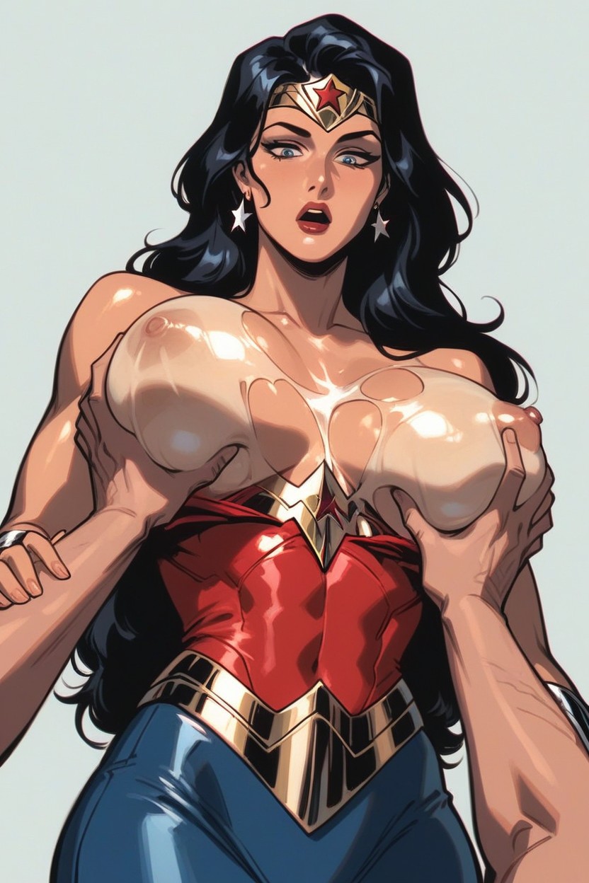 1boy, 1girls, abs, abs visible through clothing, ai generated, amazonian, big breasts, blue eyes, breasts, dark hair, dc, dc comics, diana prince, earrings, exposed breasts, faprunner78, female, lipstick, long hair, male, muscular, muscular female, natural breasts, nipples, oiled, oiled breasts, oiled skin, open mouth, red lipstick, slim female, slim waist, star earrings, superheroine, themysciran, tiara, waist, wonder woman