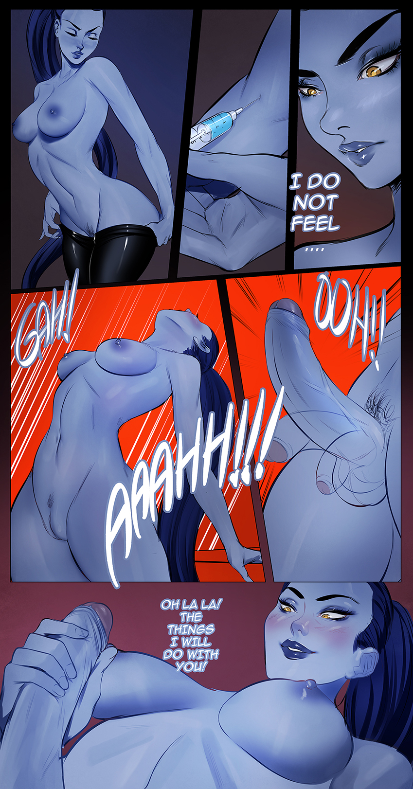 1futa, areolae, balls, balls expansion, balls growth, balls growth (enlargement), breasts, cherry-gig, dickgirl, english text, erection, female, futa only, futa transformation, futanari, genital expansion, genital growth, genital growth (enlargement), injection, intersex, nipples, nude, overwatch, penis, penis growth, pussy, syringe, text, transformation, widowmaker
