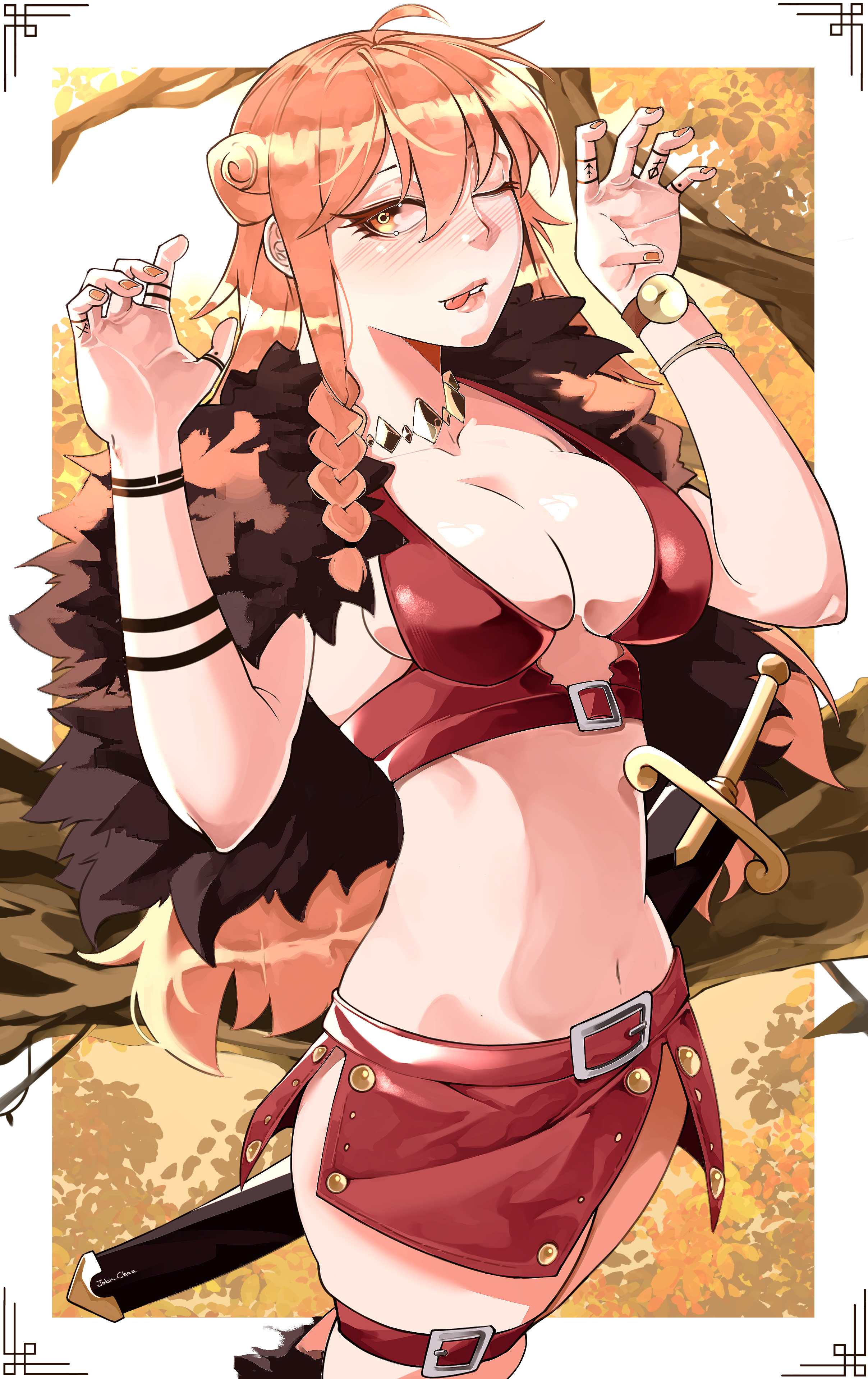 1girls, belt, bikini, blush, bracelet, braid, breasts, claw pose, cleavage, clothing, female, female only, fur trim, holding, jewelry, jobin chan, large breasts, long hair, looking at viewer, midriff, nami (one piece), navel, necklace, obinchan, one eye closed, one piece, one piece: elbaf arc, open mouth, orange eyes, orange hair, orange-haired female, red bikini, red skirt, sheath, sheathed, shorts, skirt, smile, solo, sword, thigh strap, tongue, tongue out, tree, weapon