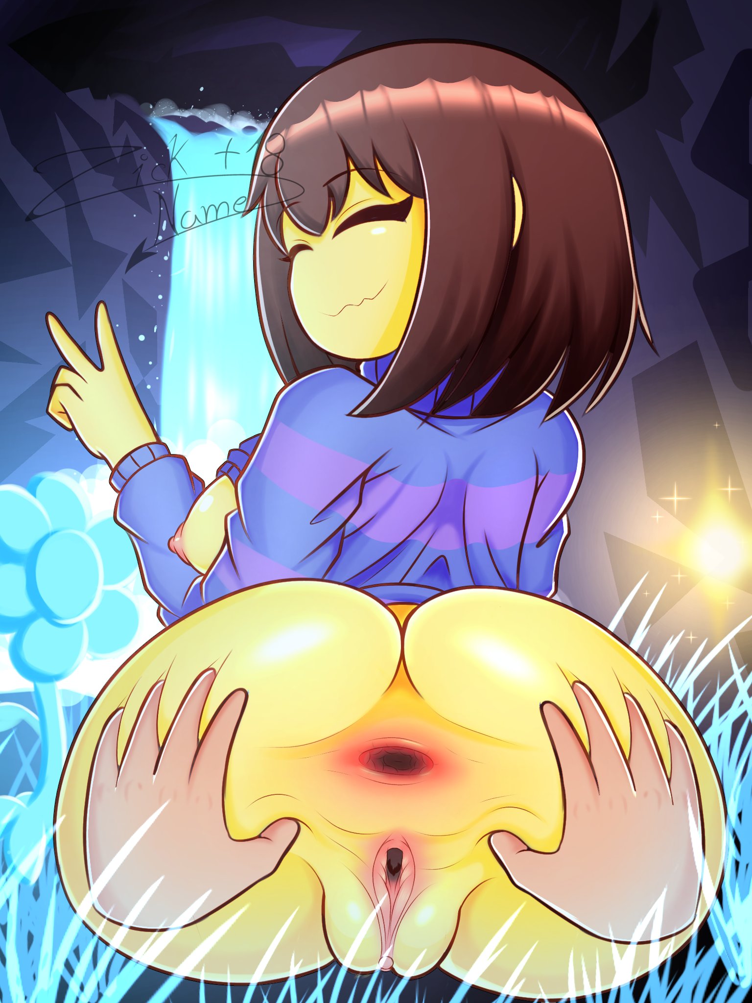 anus, bottomless, breasts, breasts out, female, frisk, frisk (undertale), huge ass, peace sign, pussy, spread ass, spreading, spreading anus, tagme, uncomfortable, undertale, undertale (series), zickname
