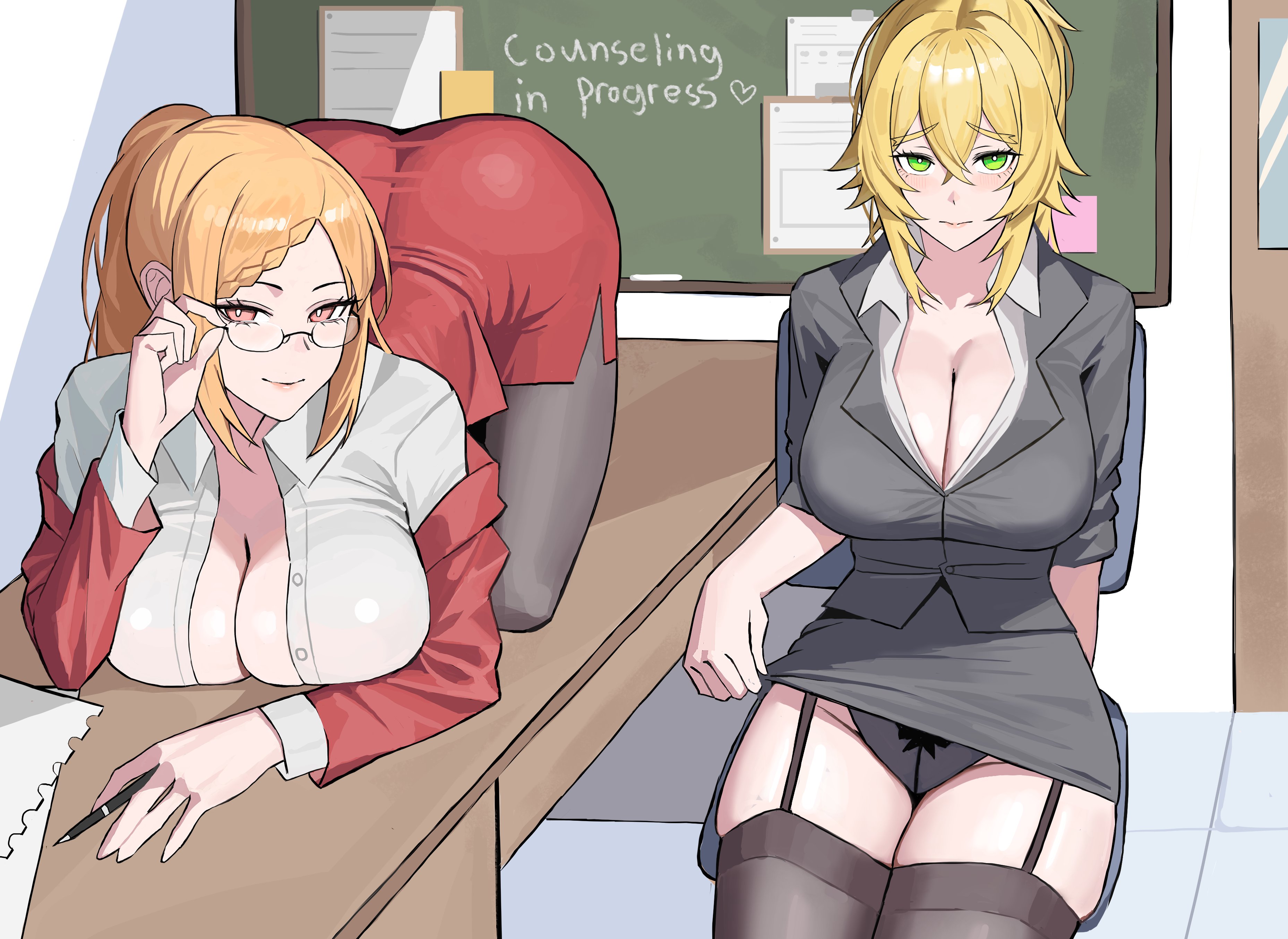 adjusting glasses, alternate costume, blonde female, blonde hair, blush, breasts, canon, chalkboard, chii0m, classroom, cleavage, female, frederica baumann, ginger hair, imminent sex, lace-trimmed panties, large breasts, need to breed, pantyhose, pencil skirt, priscilla barielle, re:zero kara hajimeru isekai seikatsu, red skirt, seductive, seductive look, seductive pose, seductive smile, skindentation, stockings, stockings thigh highs, teacher, teacher female, teasing, unbuttoned shirt