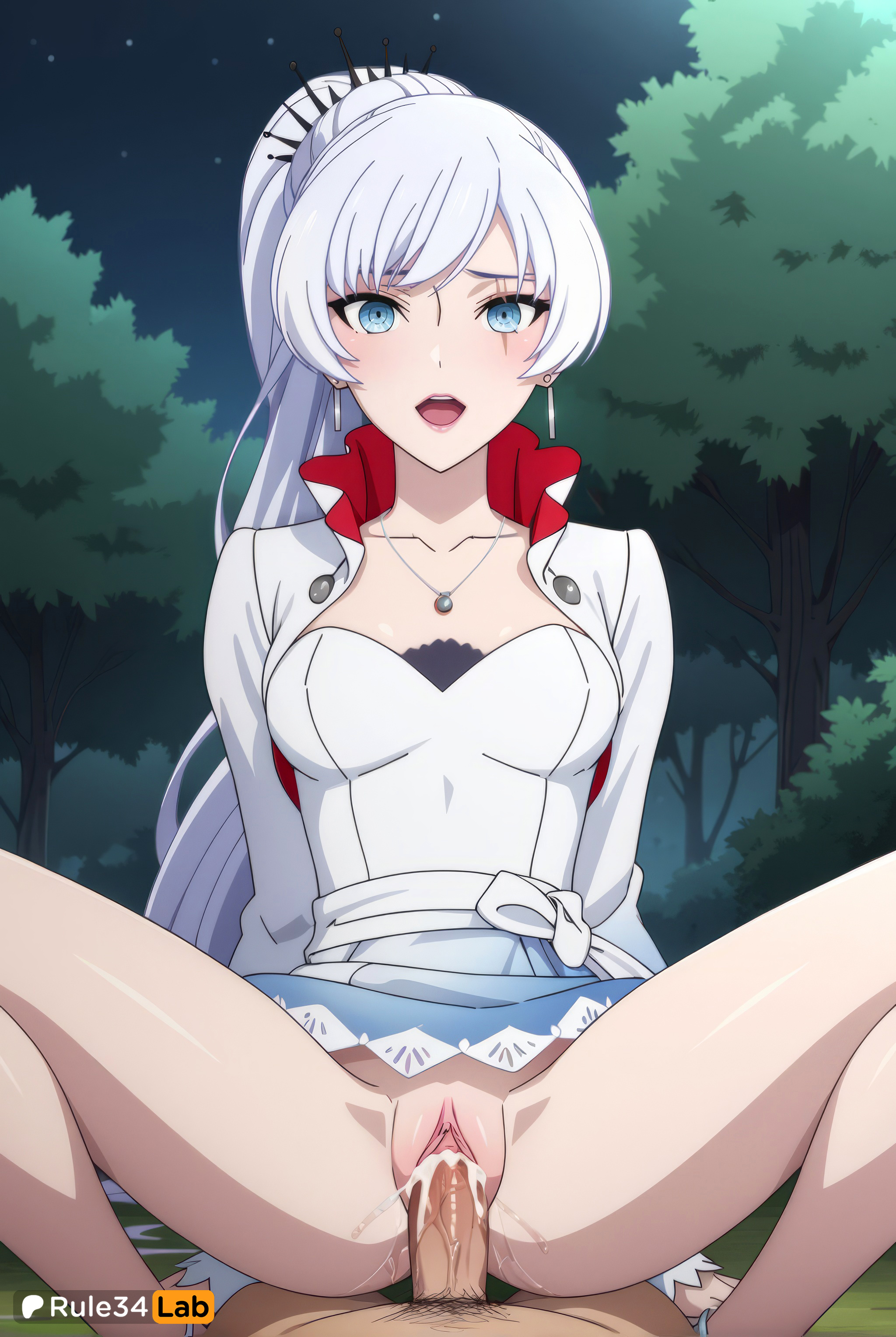 1boy, 1girls, ai generated, artist name, blue eyes, blush, breasts, clothed sex, collarbone, cowgirl position, cum, cum in pussy, dress, earrings, female, hair ornament, hi res, jewelry, long hair, long sleeves, looking at viewer, male, necklace, night, open mouth, outdoors, penis, ponytail, pov, pussy, rule34lab, rwby, scar, scar across eye, scar on face, sex, side ponytail, solo focus, spread legs, straddling, straight, thighs, tree, uncensored, vaginal penetration, vaginal sex, very long hair, weiss schnee, white dress, white hair