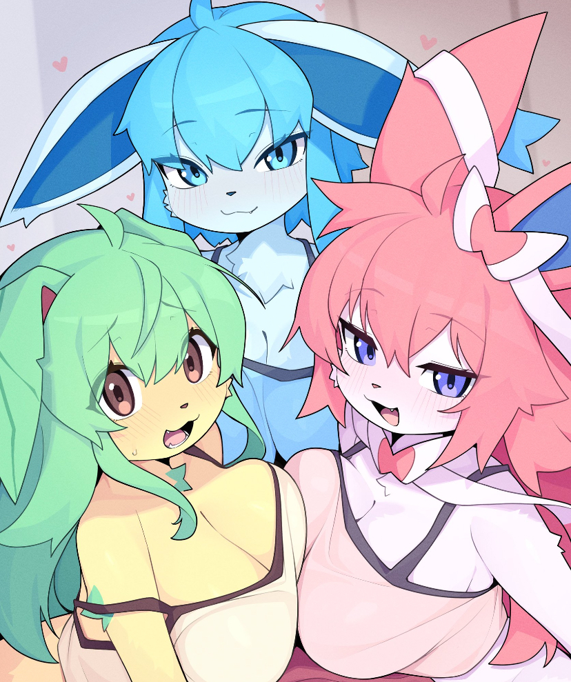 3girls, big breasts, blue fur, breasts, cleavage, crop top, cute, dev voxy, devil-vox, devvoxy, female, furry, furry female, glaceon, happy, in bed, leafeon, light clothing, looking at viewer, nervous, nervous smile, nintendo, pokemon, smiling, squishing breasts, sweat, sylveon, white fur, wholesome, yellow fur