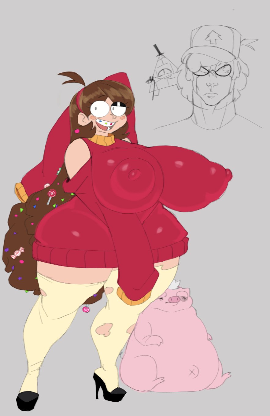 1animal 1girls 2d 2d_(artwork) 2d_artwork 3others big_nipples bill_cipher breasts breasts_bigger_than_head brown_hair candy casual_nudity clothed clothed_female clothing color colored colored_sketch dipper_pines eyebrows eyelashes eyes female female_focus gravity_falls gray_background grey_background hair hat heels huge_ass huge_boobs huge_breasts hyper_breasts invincible long_sleeve_sweater long_sleeves mabel_pines male mark_grayson mrjaysin nipples nipples_visible_through_clothing no_bra pig reference sketch tagme teasing waddles