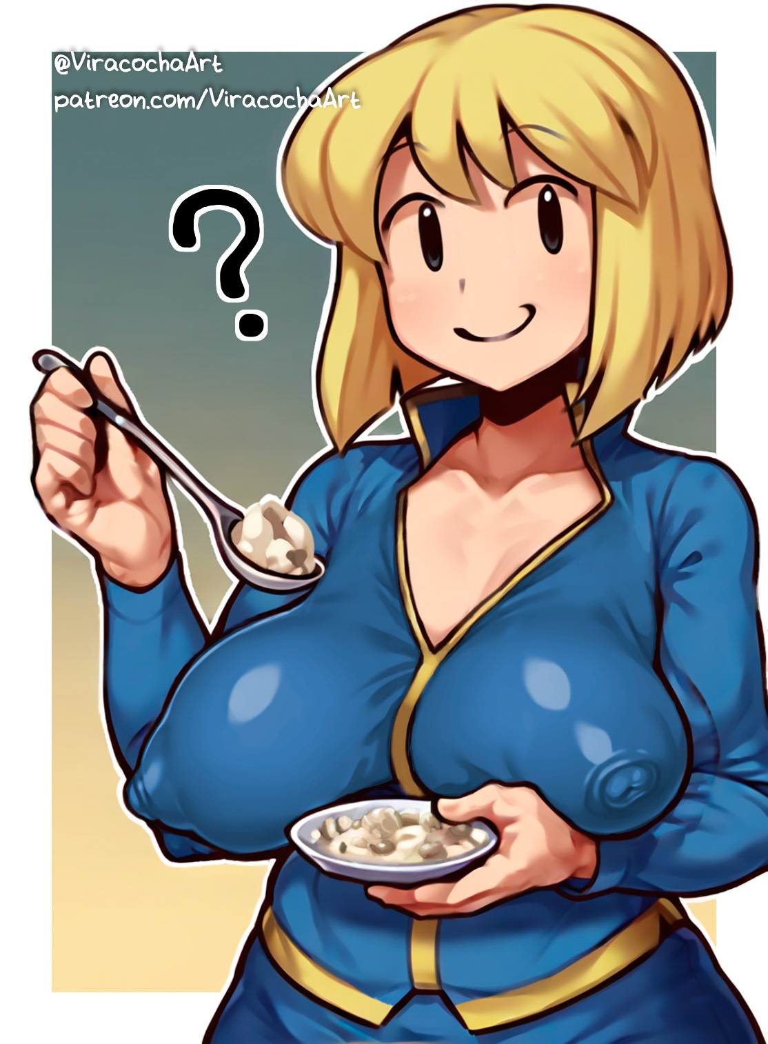 ai assisted, ai generated, big breasts, big nipples, blonde female, blonde hair, breasts, cum, digital drawing (artwork), eating cum, fallout, female, innocent, innocent expression, mob face, nipple bulge, nipples, nipples visible through clothing, short hair, vault girl, vault suit, video game character, video games, viracochaart