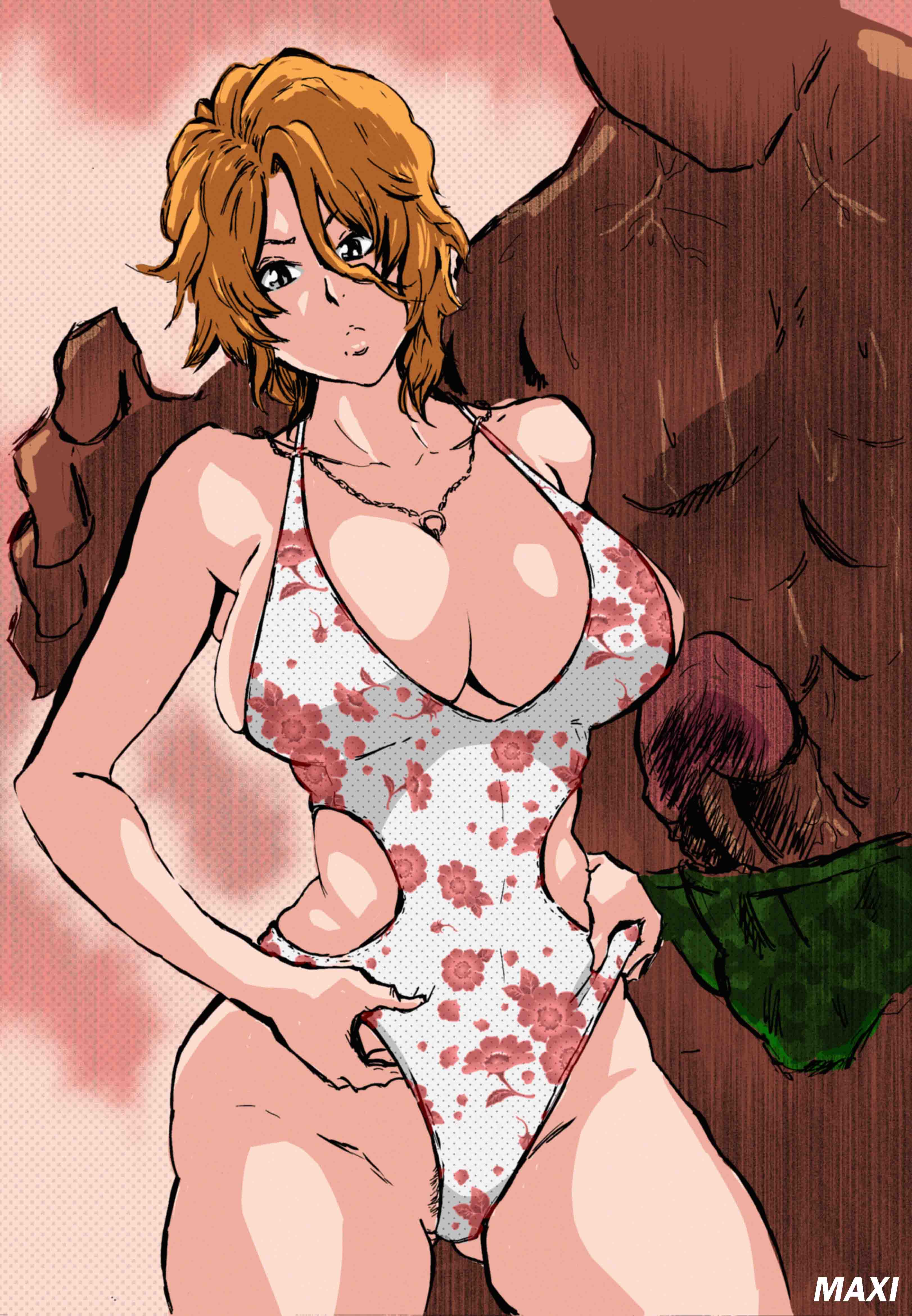 1boy, 1girls, bikini, bleach, blonde hair, breasts, dark skin, dark-skinned male, female, huge breasts, interracial, male, massive penis, matsumoto rangiku, maxi, penis, short hair, stray pubic hair, swimsuit