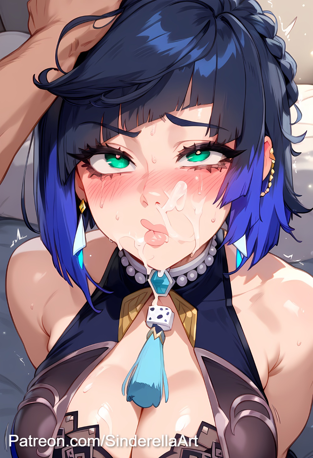 1boy, 1girls, after fellatio, aftermath, ai generated, breasts, busty, commission, cum, cum on face, cumshot, facial, female, forced oral, genshin impact, large breasts, light skin, light-skinned male, male, mind break, patreon, patreon url, patreon username, raped, sinderellaart, thick, voluptuous, yelan (genshin impact)